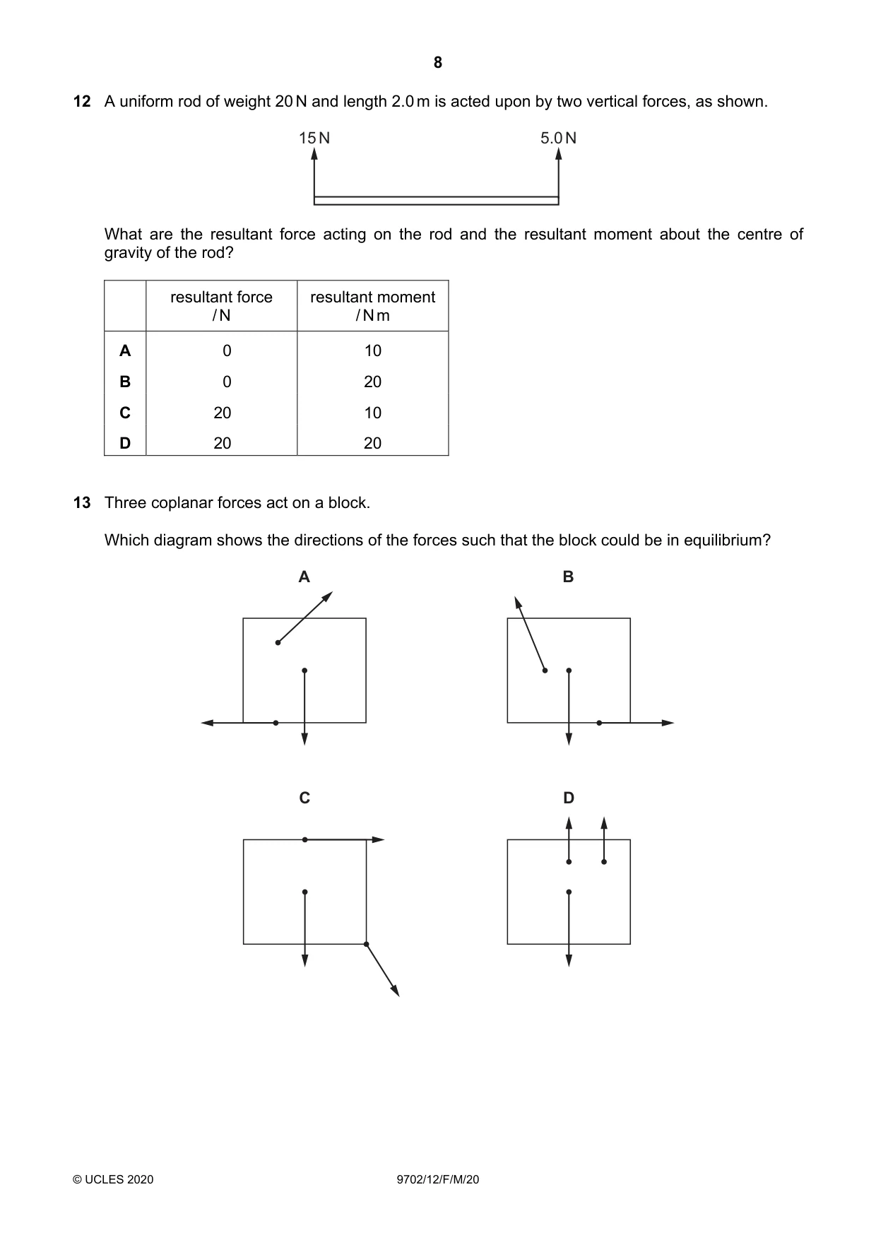 Cambridge A Level Physics 9702 2020 Feb/March Paper 1 · Variant 2 question paper, page 8 of 20