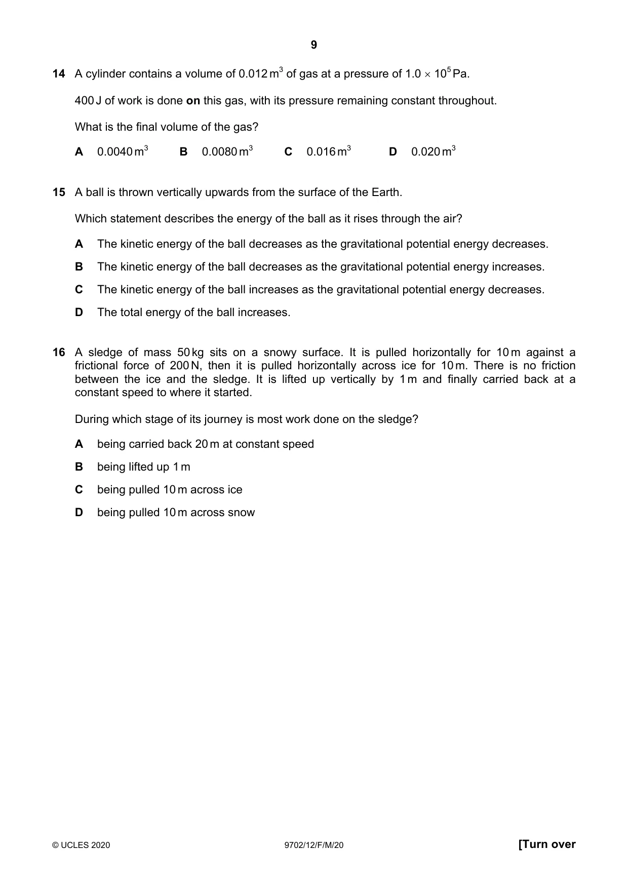 Cambridge A Level Physics 9702 2020 Feb/March Paper 1 · Variant 2 question paper, page 9 of 20