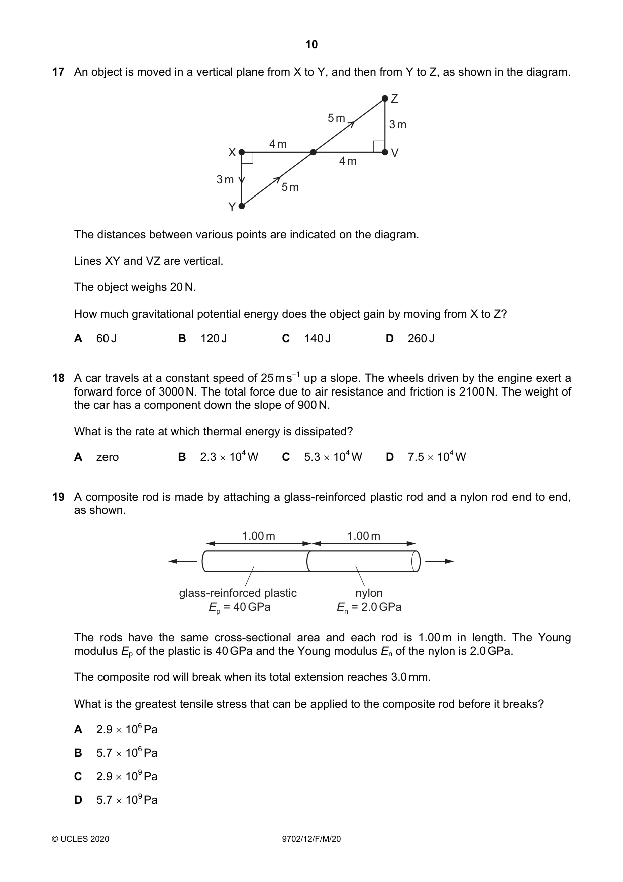 Cambridge A Level Physics 9702 2020 Feb/March Paper 1 · Variant 2 question paper, page 10 of 20
