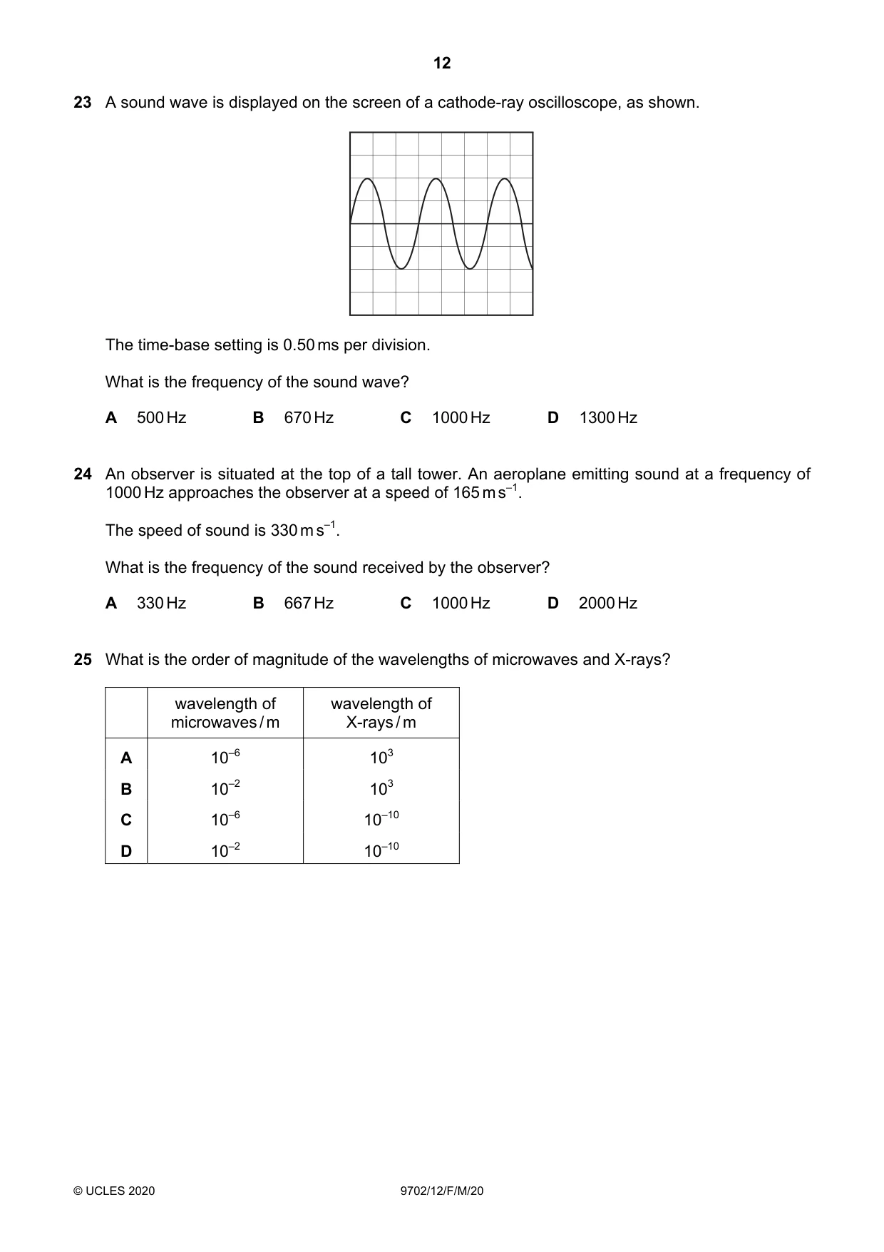 Cambridge A Level Physics 9702 2020 Feb/March Paper 1 · Variant 2 question paper, page 12 of 20
