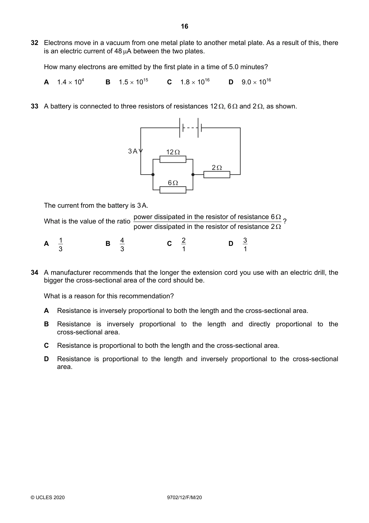 Cambridge A Level Physics 9702 2020 Feb/March Paper 1 · Variant 2 question paper, page 16 of 20