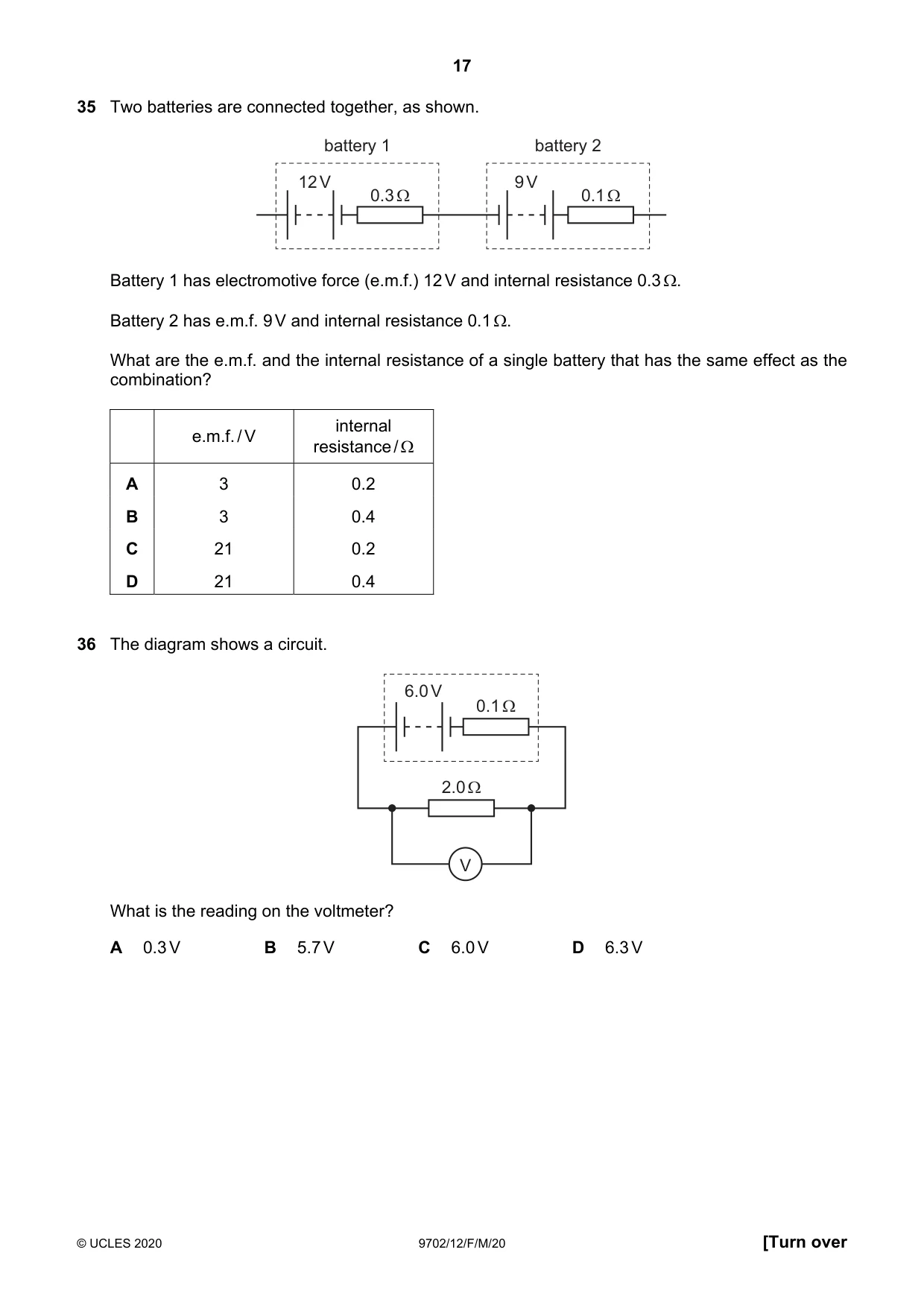 Cambridge A Level Physics 9702 2020 Feb/March Paper 1 · Variant 2 question paper, page 17 of 20