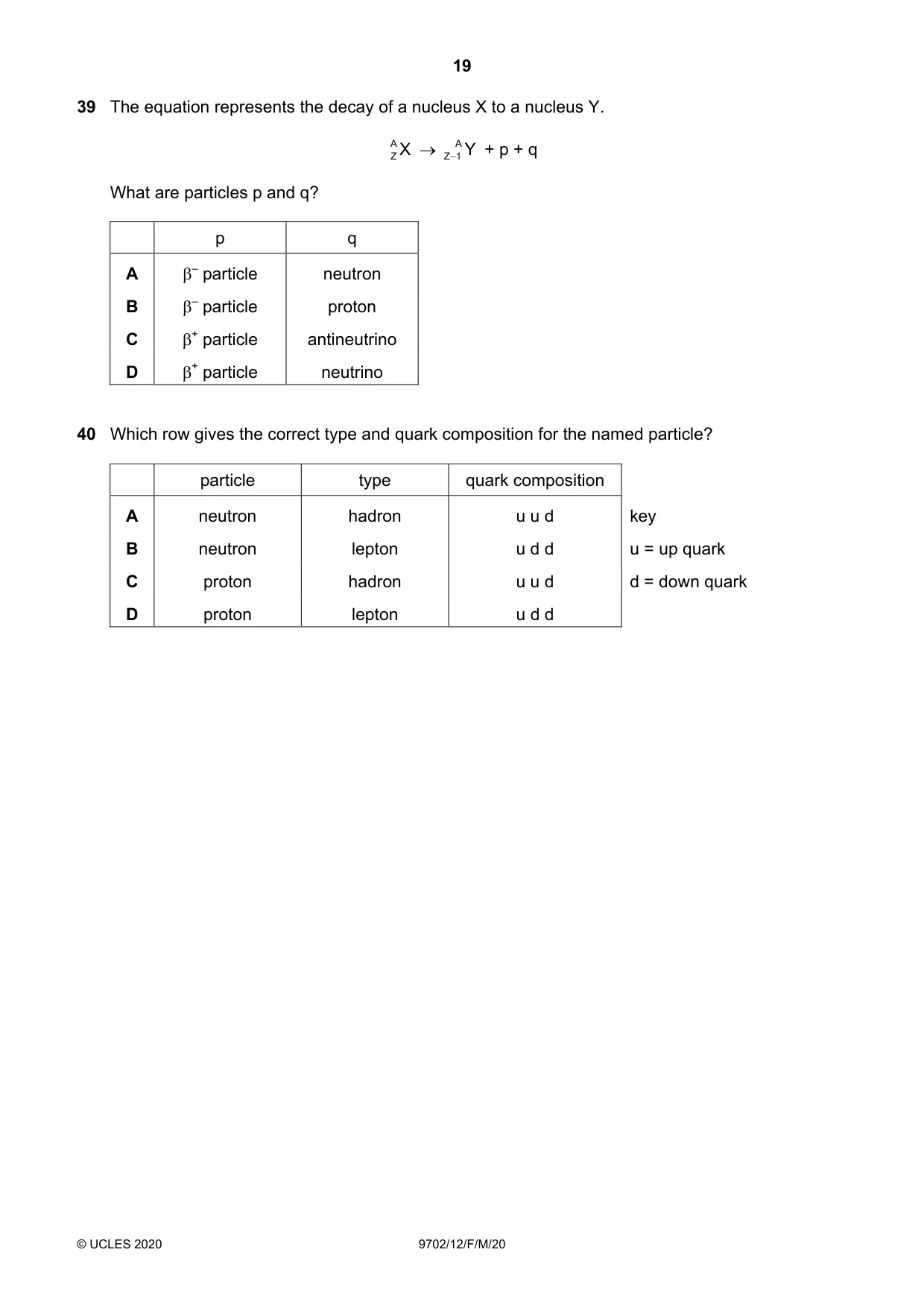 Cambridge A Level Physics 9702 2020 Feb/March Paper 1 · Variant 2 question paper, page 19 of 20