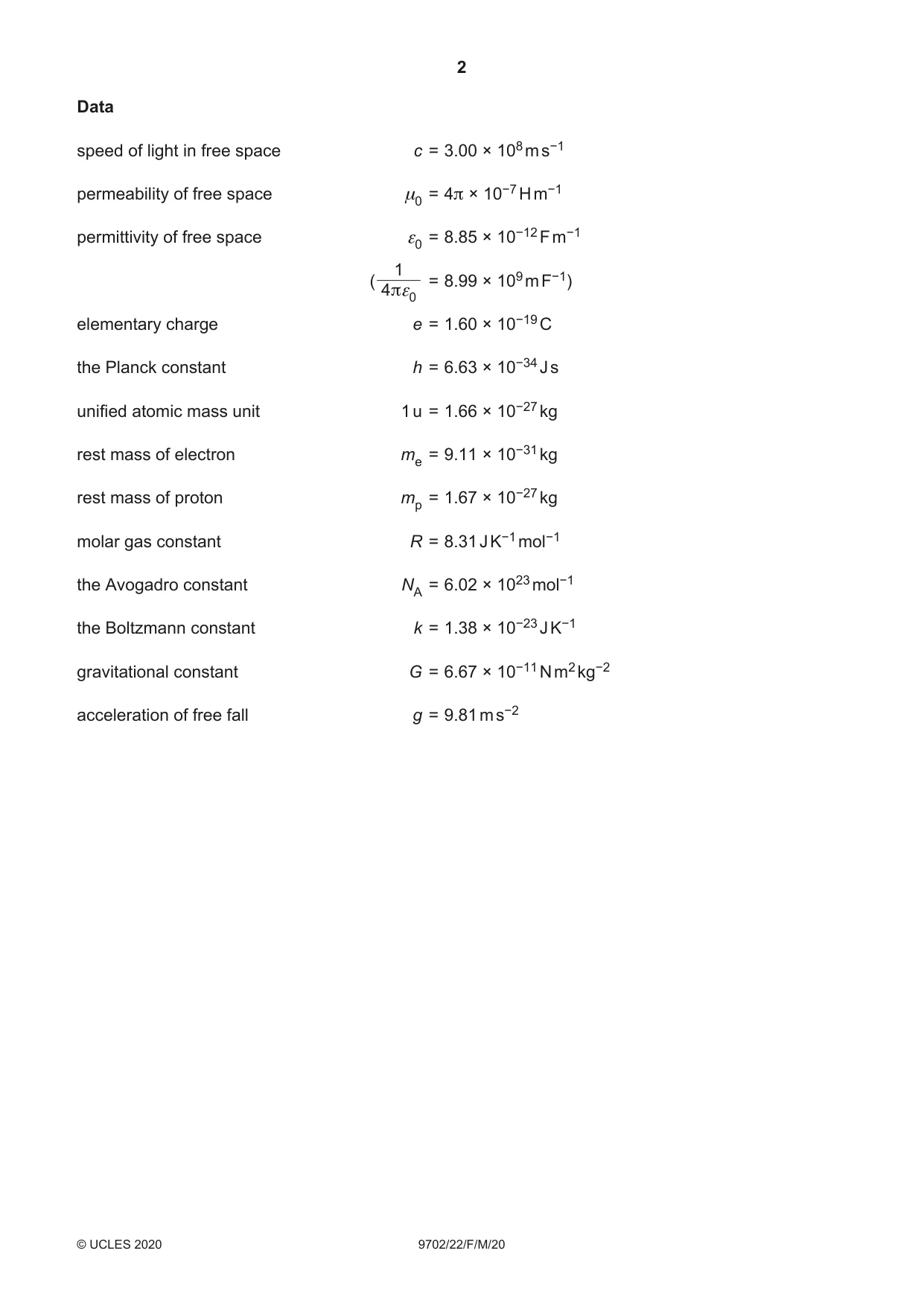 Cambridge A Level Physics 9702 2020 Feb/March Paper 2 · Variant 2 question paper, page 2 of 16
