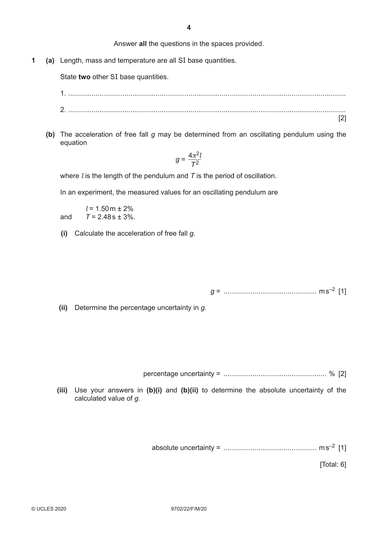 Cambridge A Level Physics 9702 2020 Feb/March Paper 2 · Variant 2 question paper, page 4 of 16