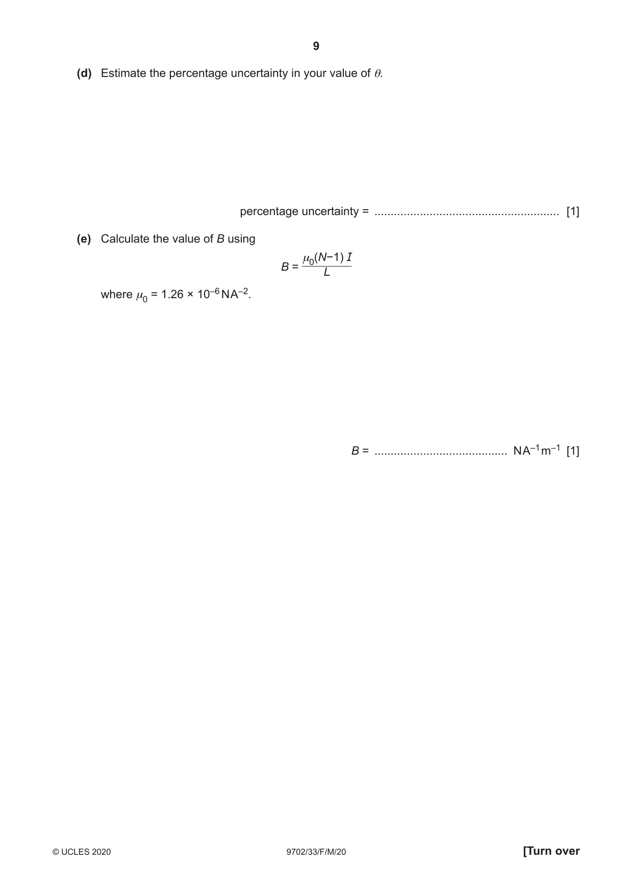 Cambridge A Level Physics 9702 2020 Feb/March Paper 3 · Variant 3 question paper, page 9 of 12