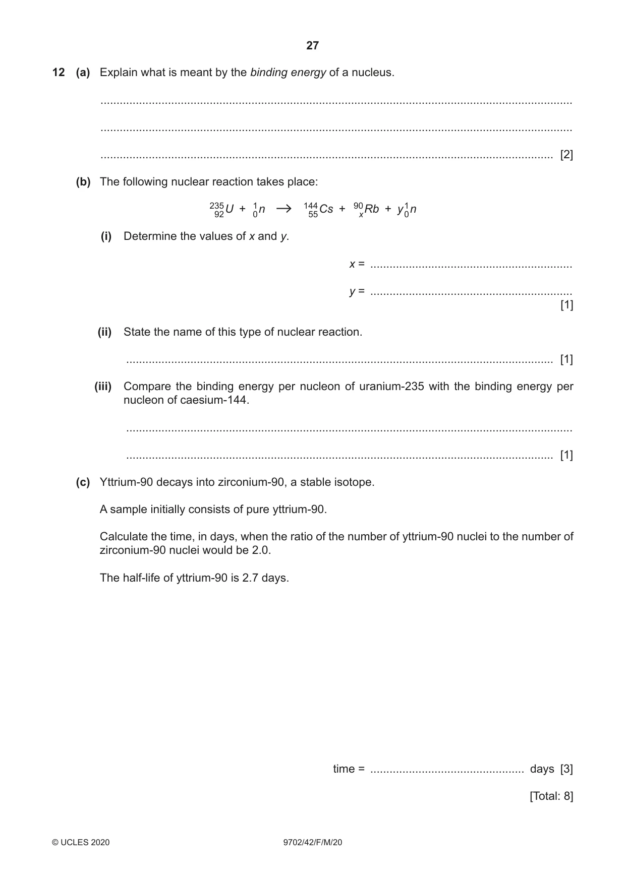 Cambridge A Level Physics 9702 2020 Feb/March Paper 4 · Variant 2 question paper, page 27 of 28