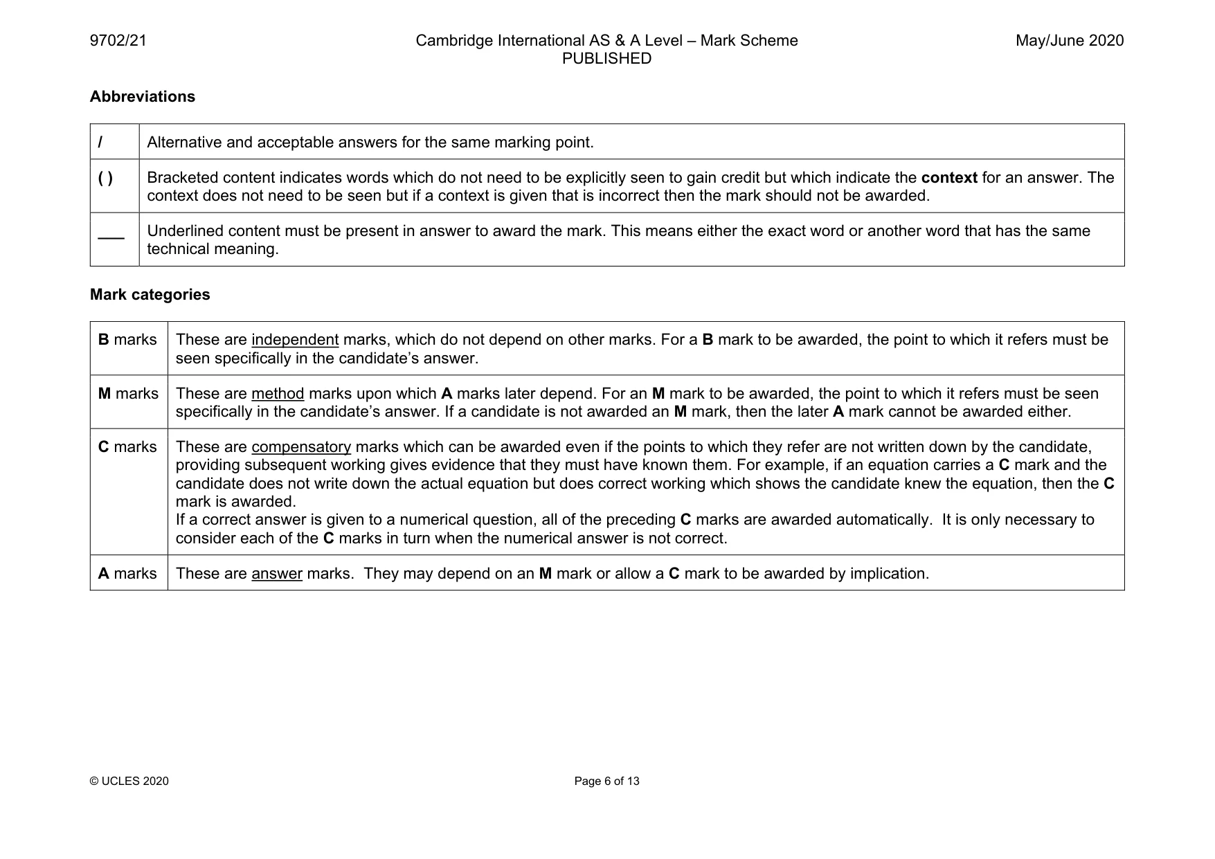Mark scheme, page 6 of 13