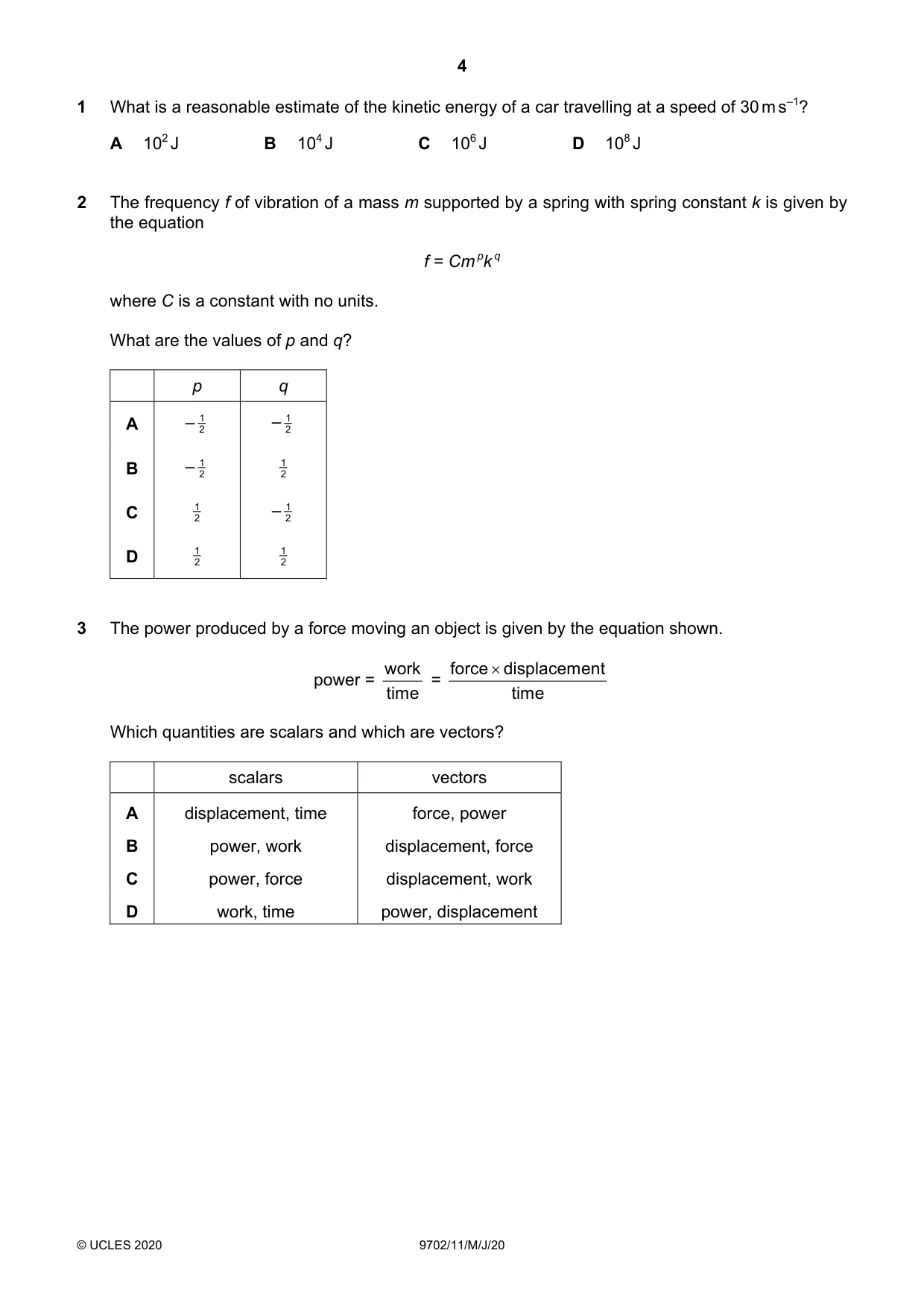 Cambridge A Level Physics 9702 2020 May/June Paper 1 · Variant 1 question paper, page 4 of 20