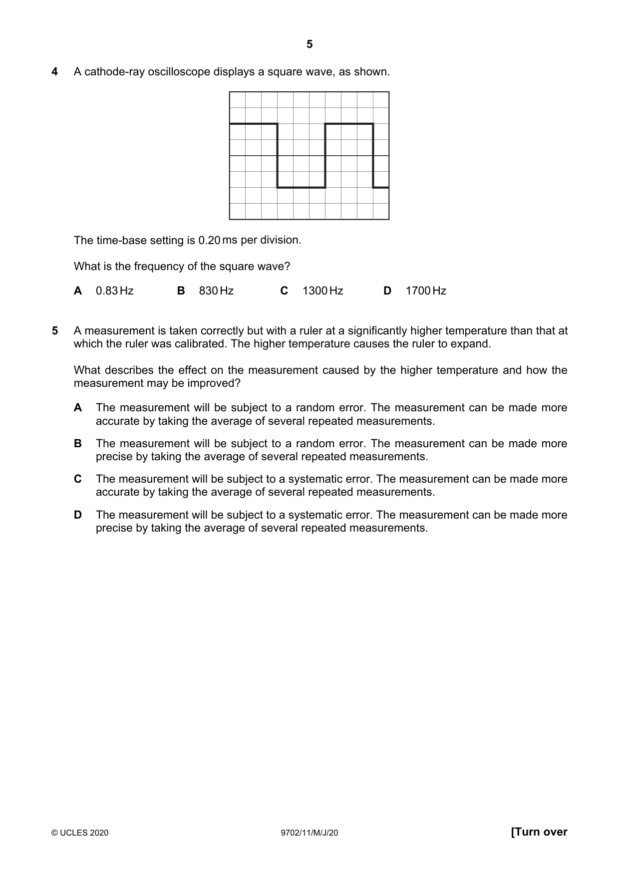 Cambridge A Level Physics 9702 2020 May/June Paper 1 · Variant 1 question paper, page 5 of 20