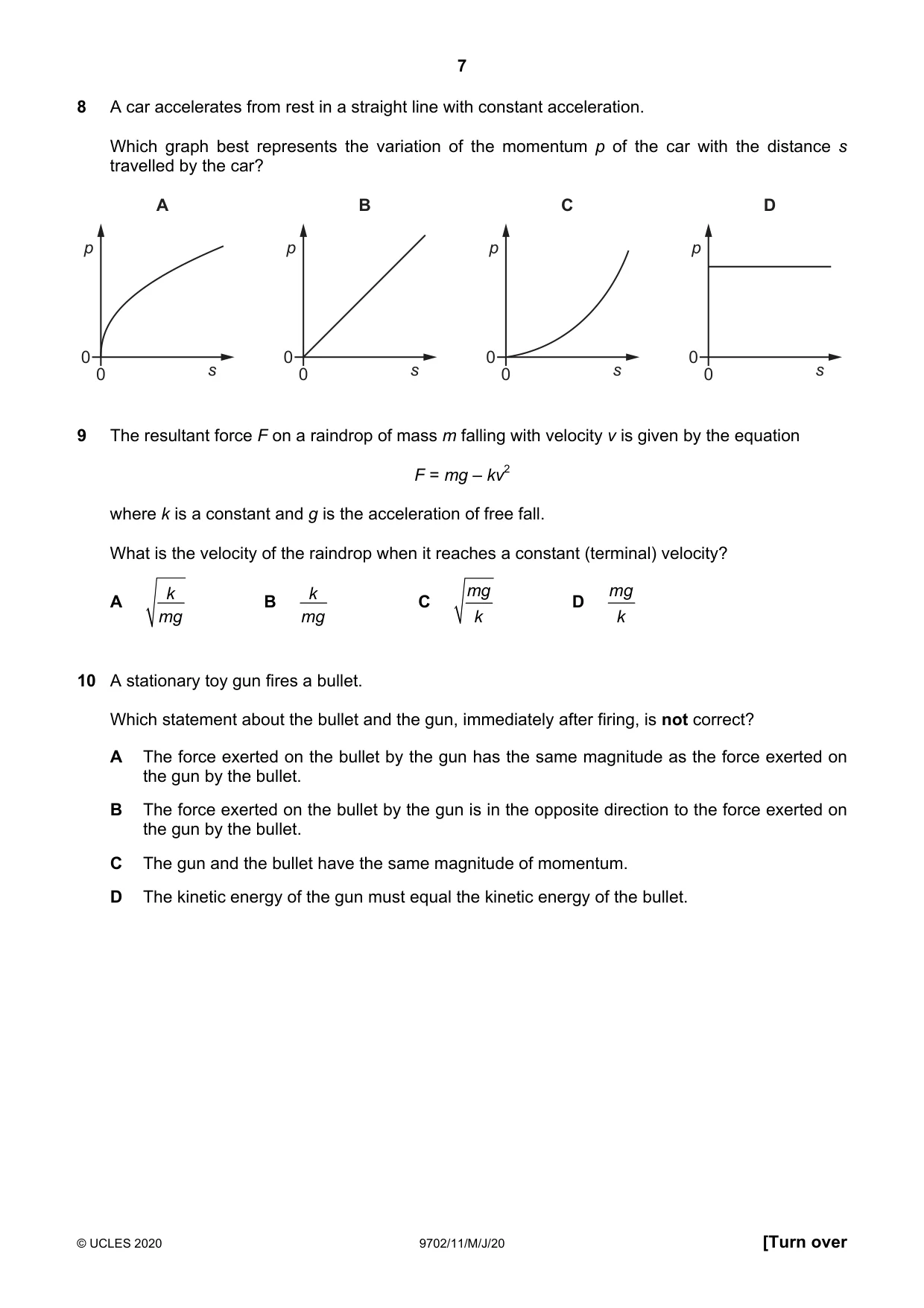 Cambridge A Level Physics 9702 2020 May/June Paper 1 · Variant 1 question paper, page 7 of 20