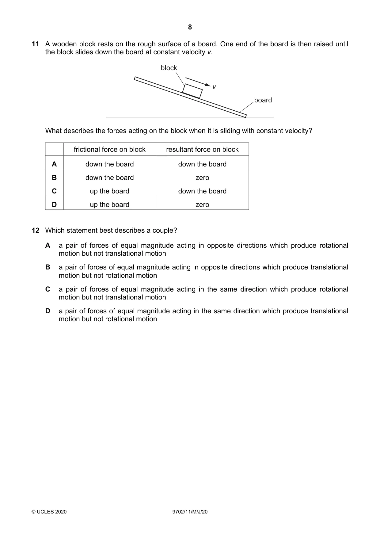 Cambridge A Level Physics 9702 2020 May/June Paper 1 · Variant 1 question paper, page 8 of 20