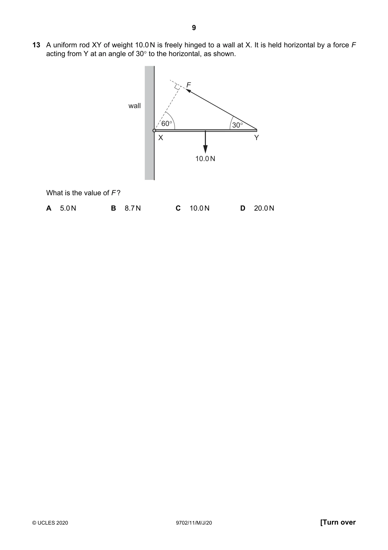 Cambridge A Level Physics 9702 2020 May/June Paper 1 · Variant 1 question paper, page 9 of 20