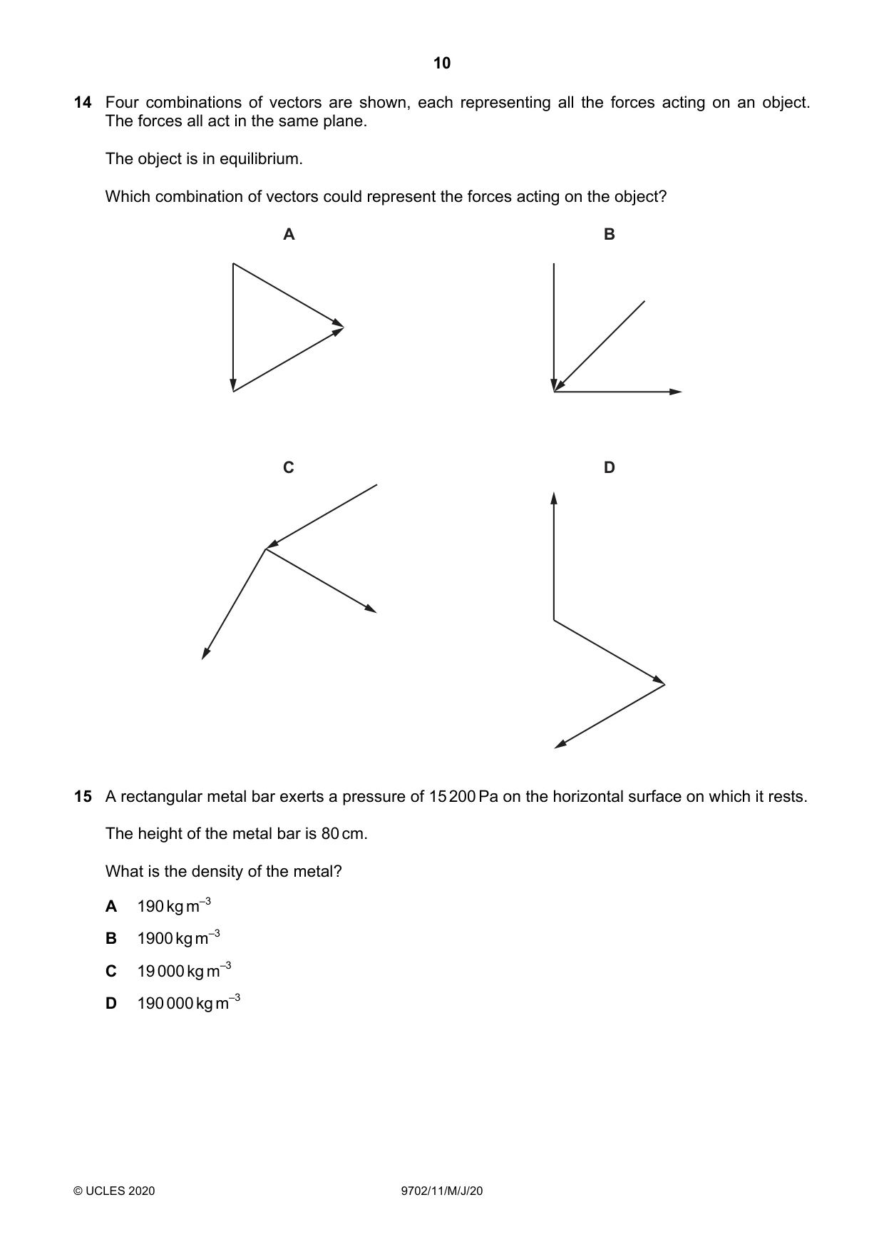 Cambridge A Level Physics 9702 2020 May/June Paper 1 · Variant 1 question paper, page 10 of 20