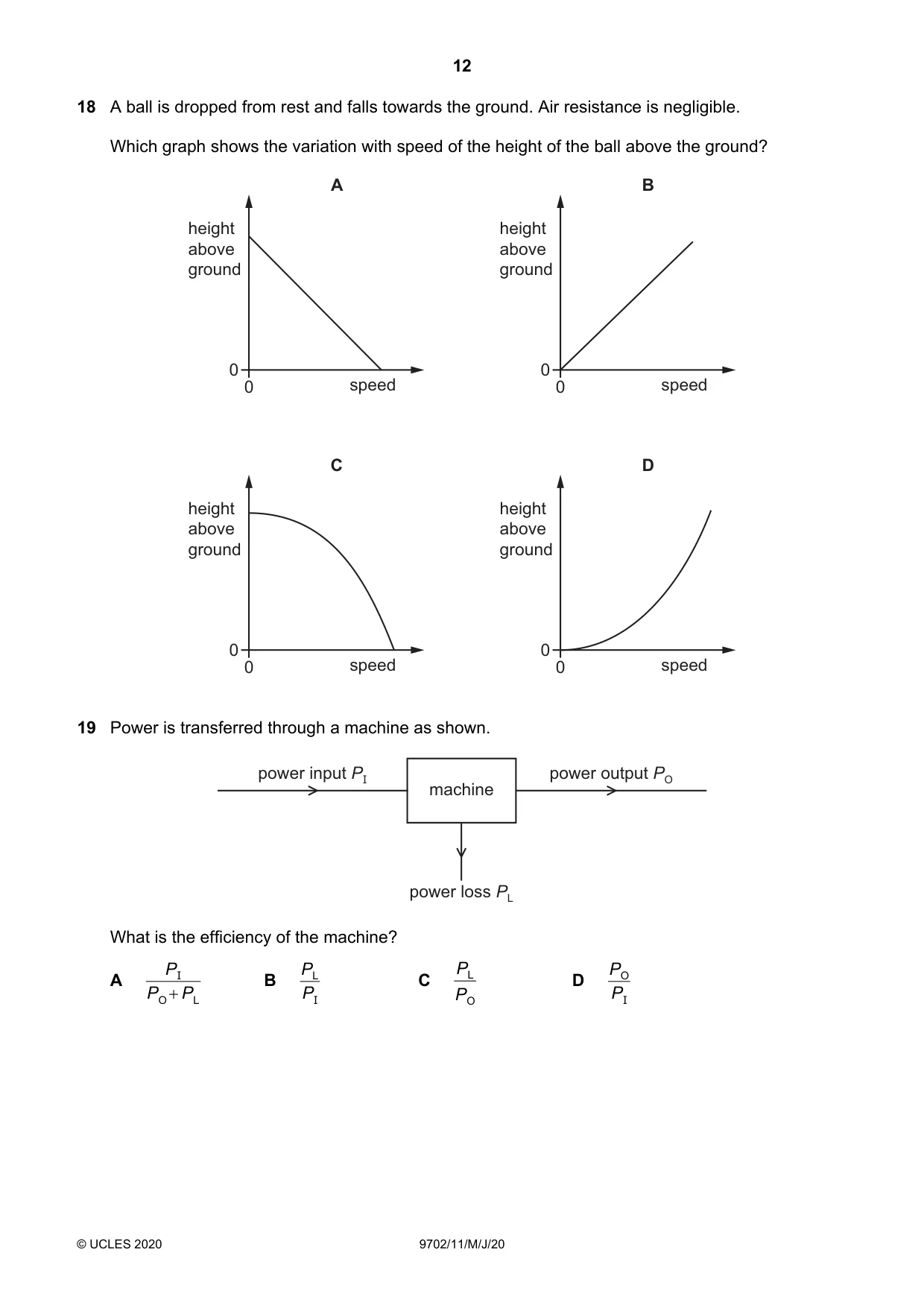 Cambridge A Level Physics 9702 2020 May/June Paper 1 · Variant 1 question paper, page 12 of 20