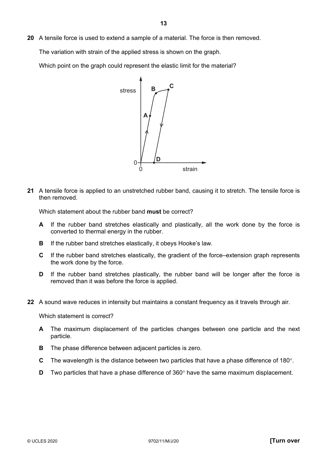 Cambridge A Level Physics 9702 2020 May/June Paper 1 · Variant 1 question paper, page 13 of 20