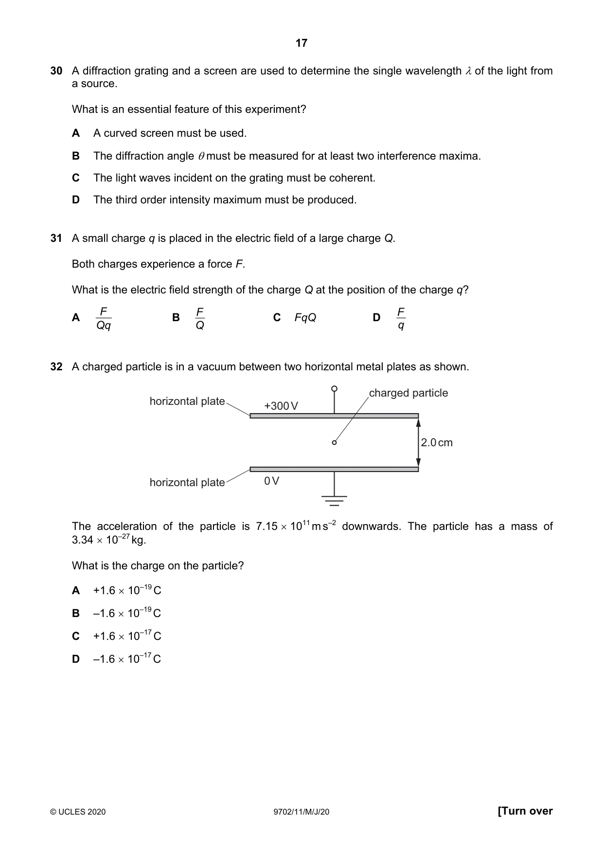 Cambridge A Level Physics 9702 2020 May/June Paper 1 · Variant 1 question paper, page 17 of 20