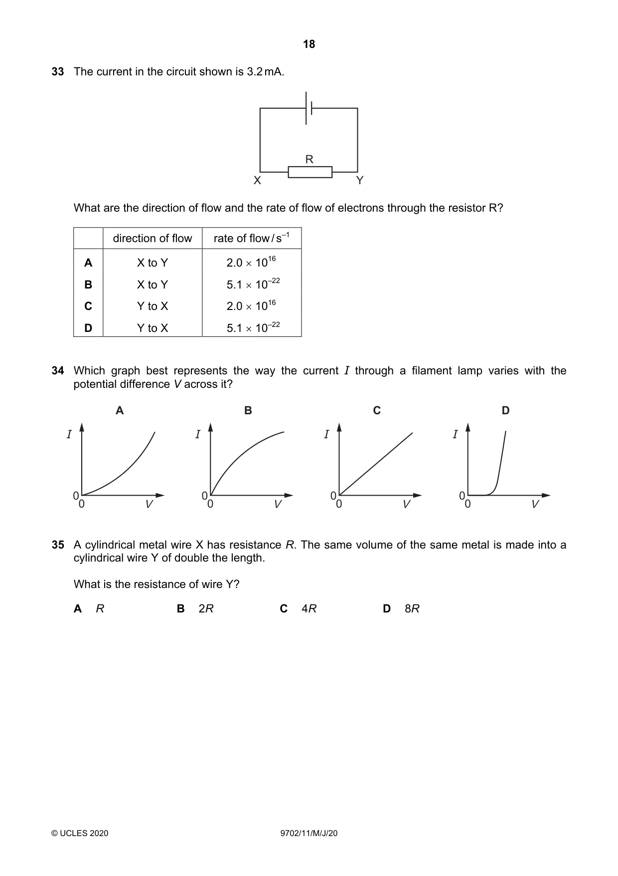 Cambridge A Level Physics 9702 2020 May/June Paper 1 · Variant 1 question paper, page 18 of 20