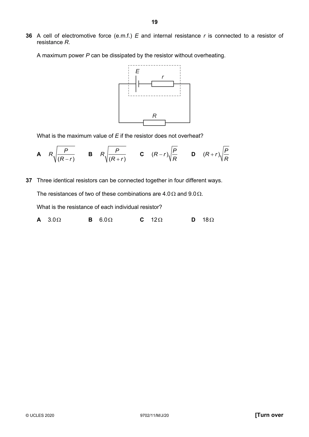 Cambridge A Level Physics 9702 2020 May/June Paper 1 · Variant 1 question paper, page 19 of 20