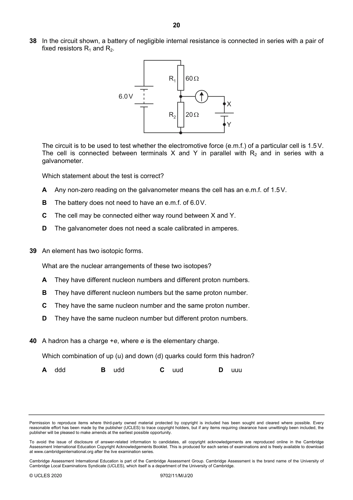 Cambridge A Level Physics 9702 2020 May/June Paper 1 · Variant 1 question paper, page 20 of 20