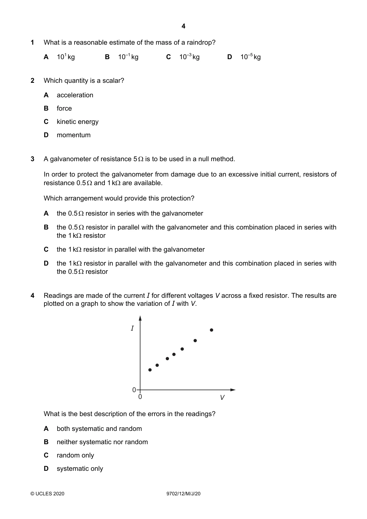 Cambridge A Level Physics 9702 2020 May/June Paper 1 · Variant 2 question paper, page 4 of 24
