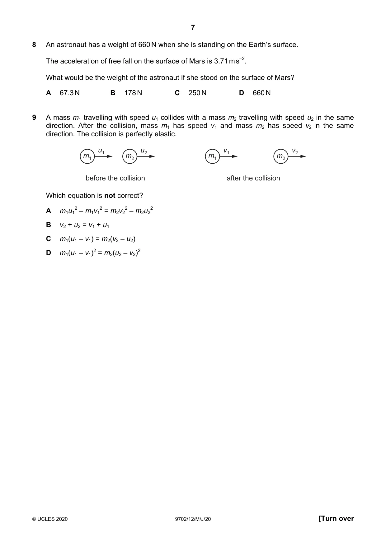 Cambridge A Level Physics 9702 2020 May/June Paper 1 · Variant 2 question paper, page 7 of 24