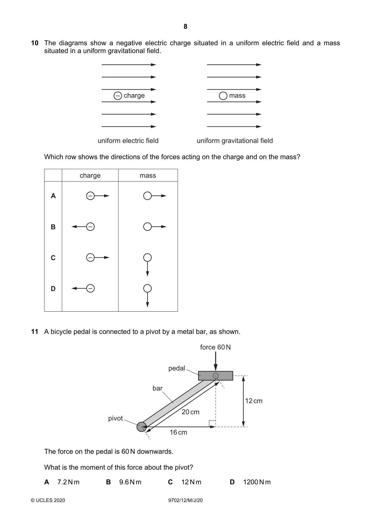 Cambridge A Level Physics 9702 2020 May/June Paper 1 · Variant 2 question paper, page 8 of 24