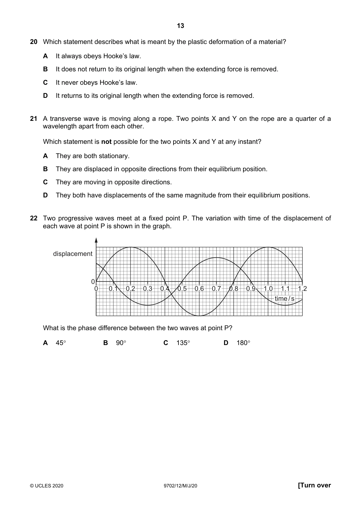 Cambridge A Level Physics 9702 2020 May/June Paper 1 · Variant 2 question paper, page 13 of 24