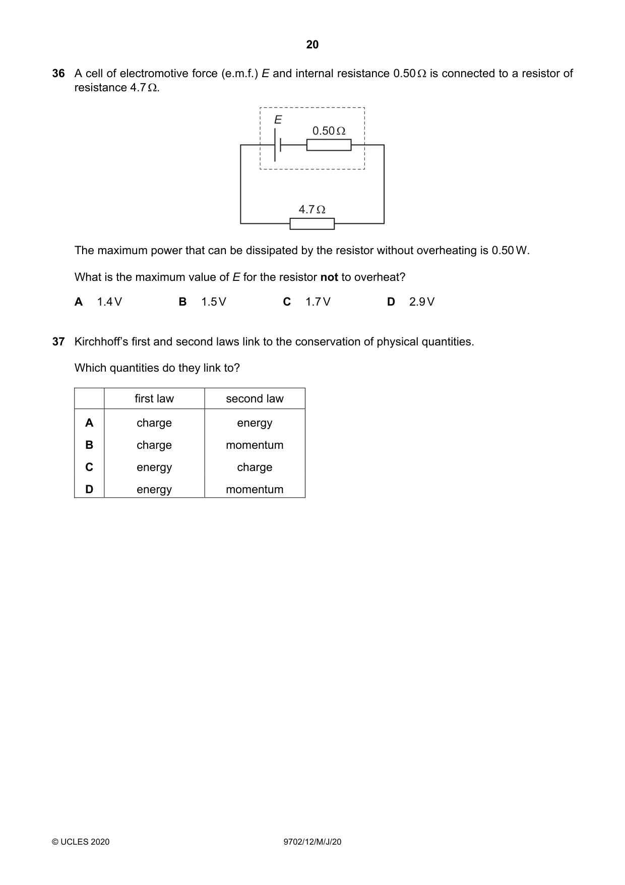 Cambridge A Level Physics 9702 2020 May/June Paper 1 · Variant 2 question paper, page 20 of 24