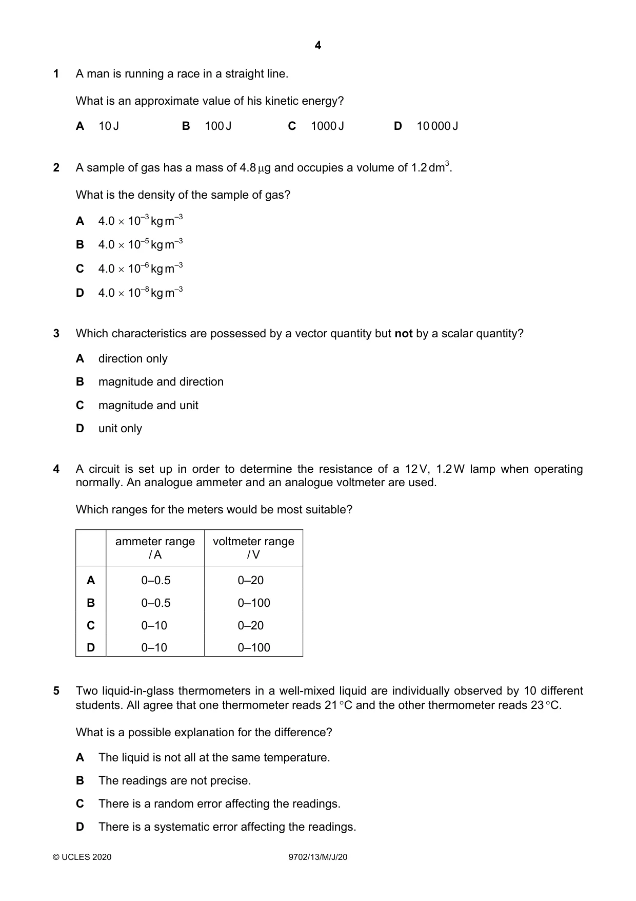 Cambridge A Level Physics 9702 2020 May/June Paper 1 · Variant 3 question paper, page 4 of 24