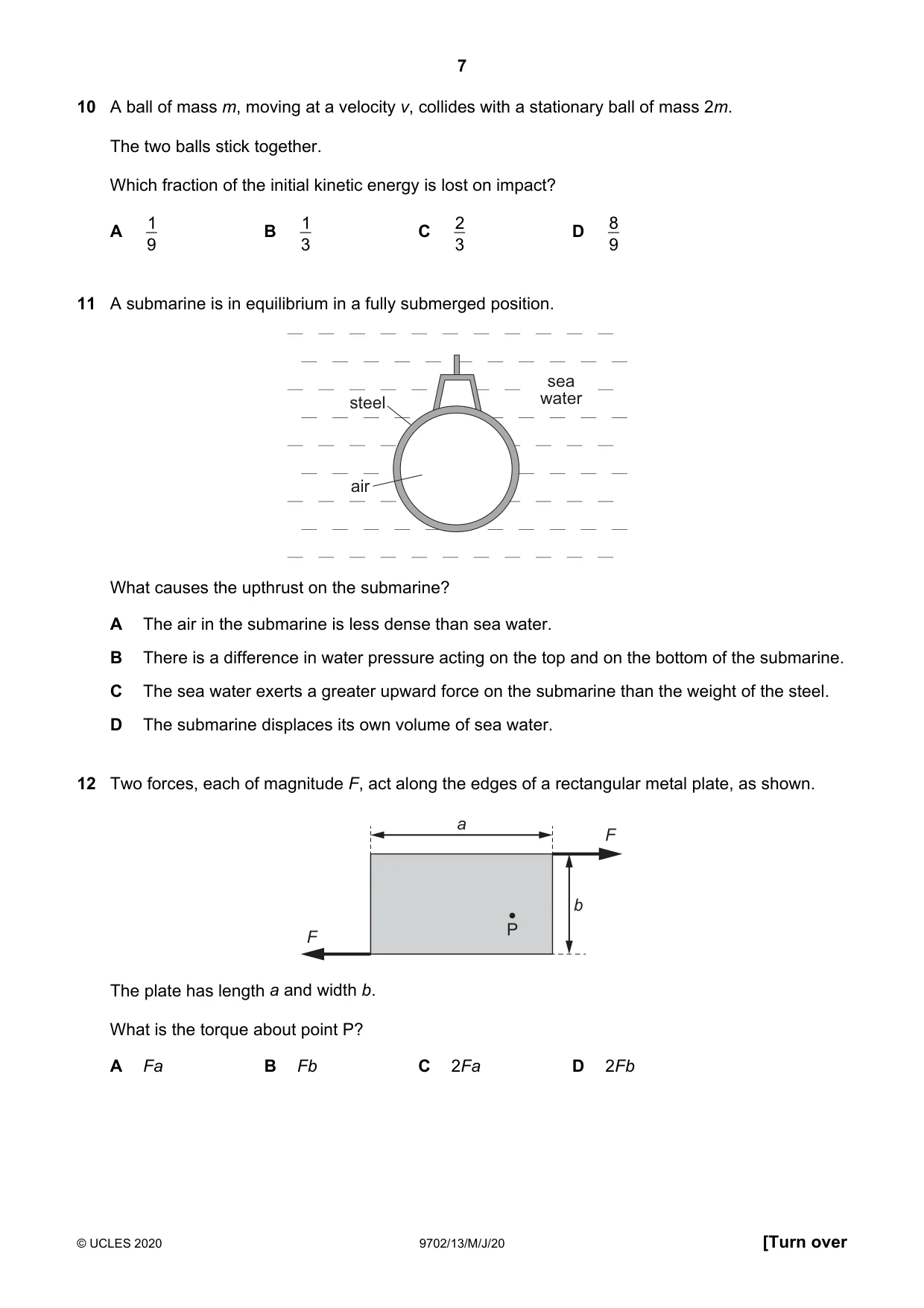 Cambridge A Level Physics 9702 2020 May/June Paper 1 · Variant 3 question paper, page 7 of 24
