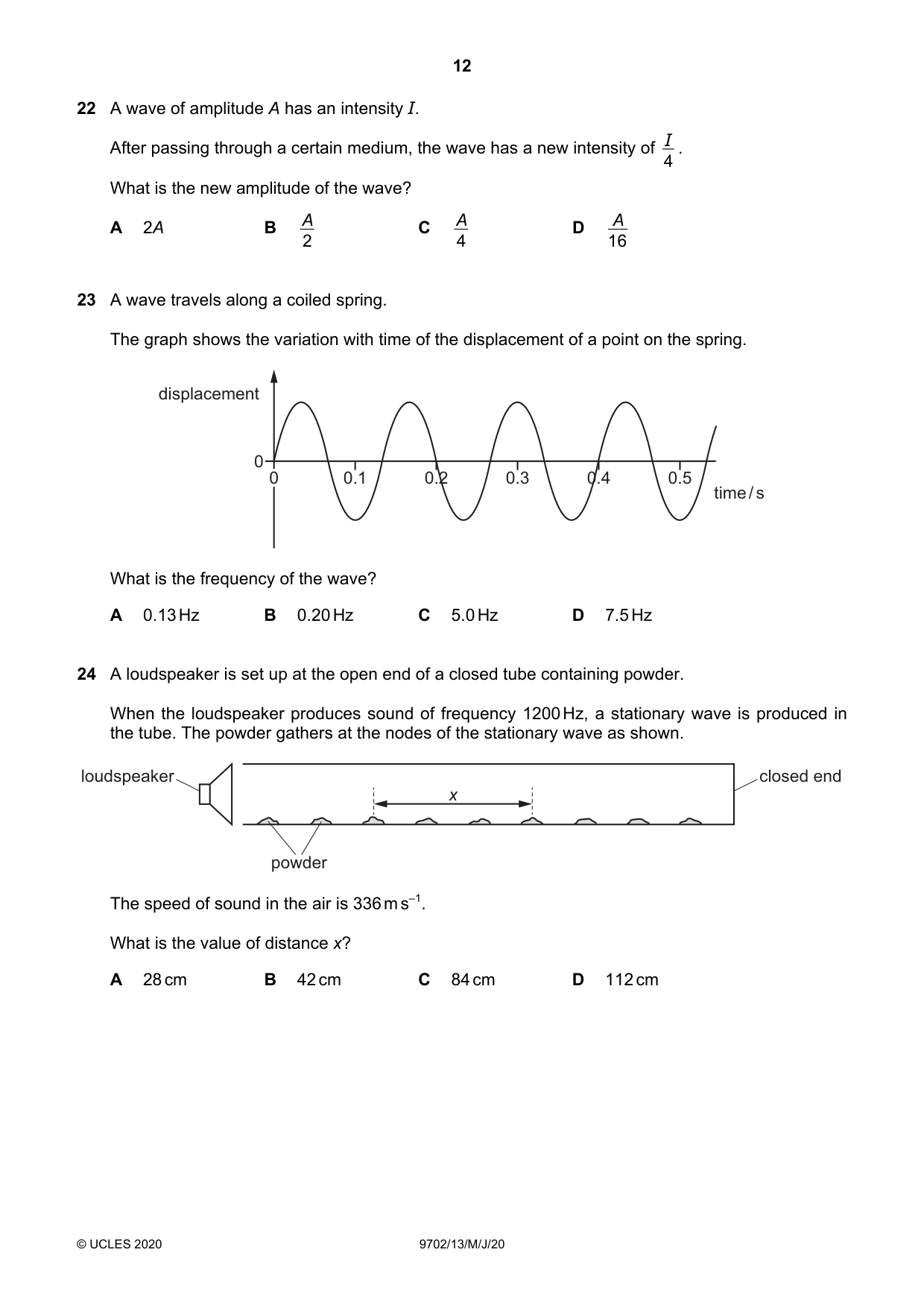 Cambridge A Level Physics 9702 2020 May/June Paper 1 · Variant 3 question paper, page 12 of 24
