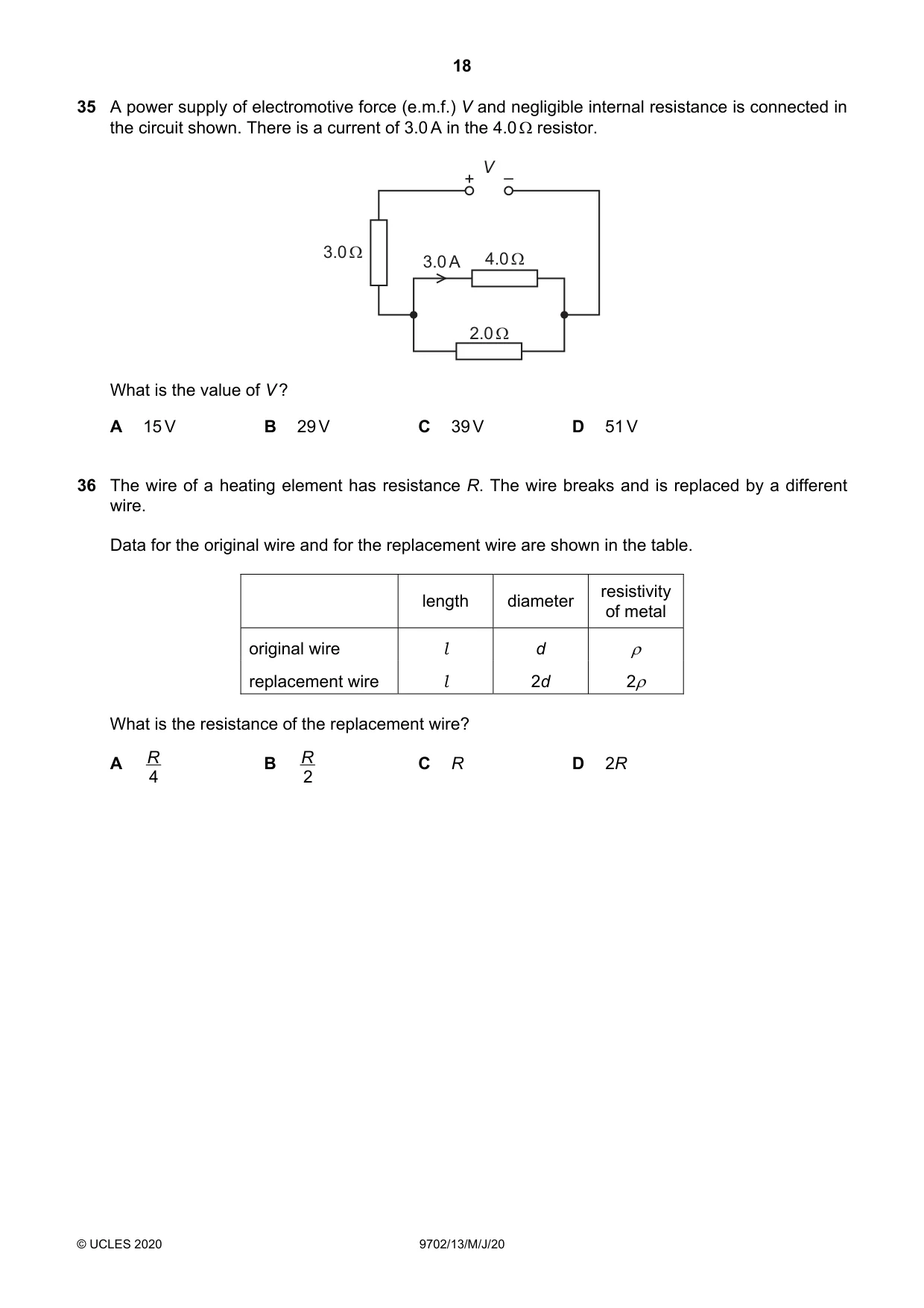Cambridge A Level Physics 9702 2020 May/June Paper 1 · Variant 3 question paper, page 18 of 24