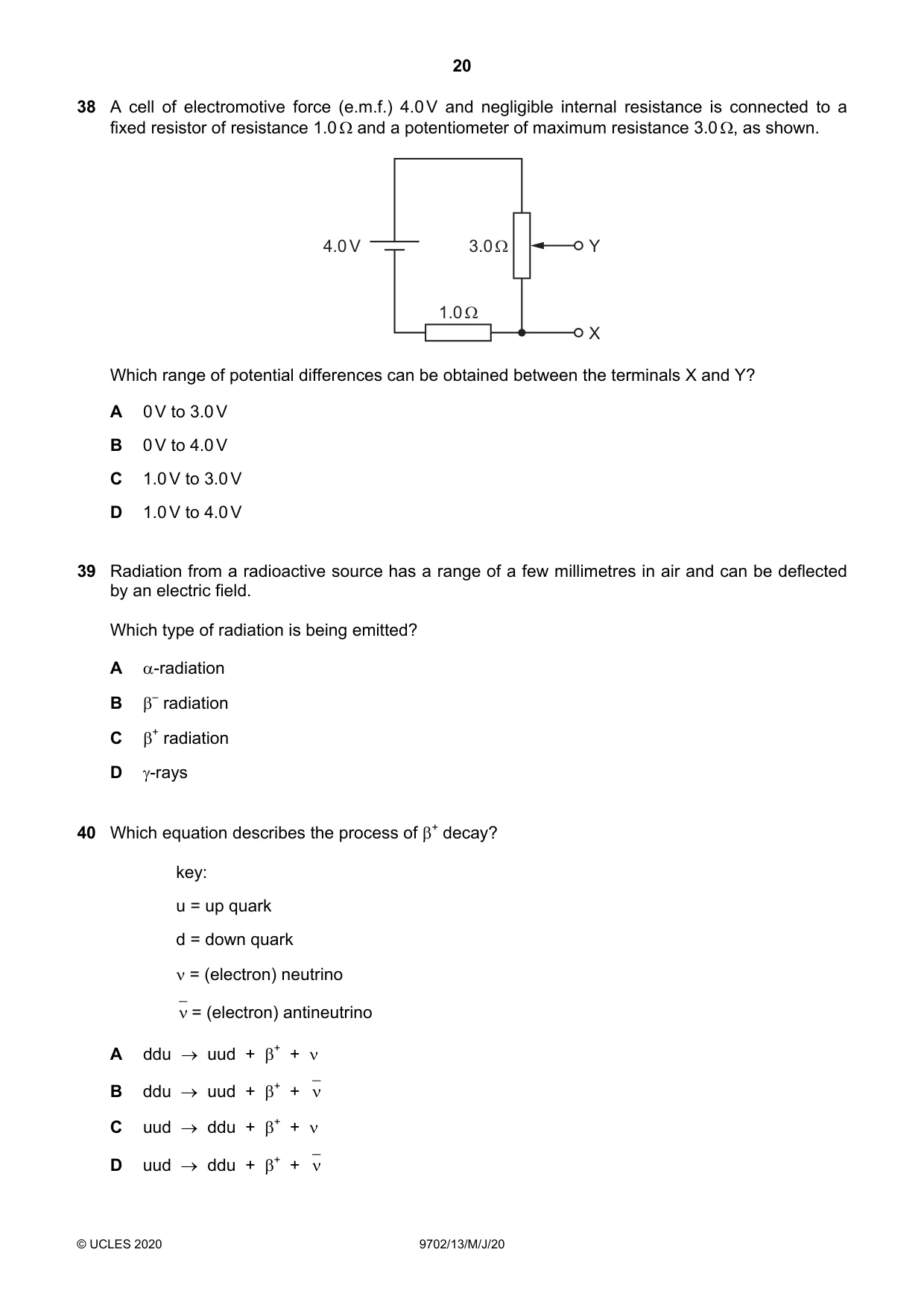 Cambridge A Level Physics 9702 2020 May/June Paper 1 · Variant 3 question paper, page 20 of 24
