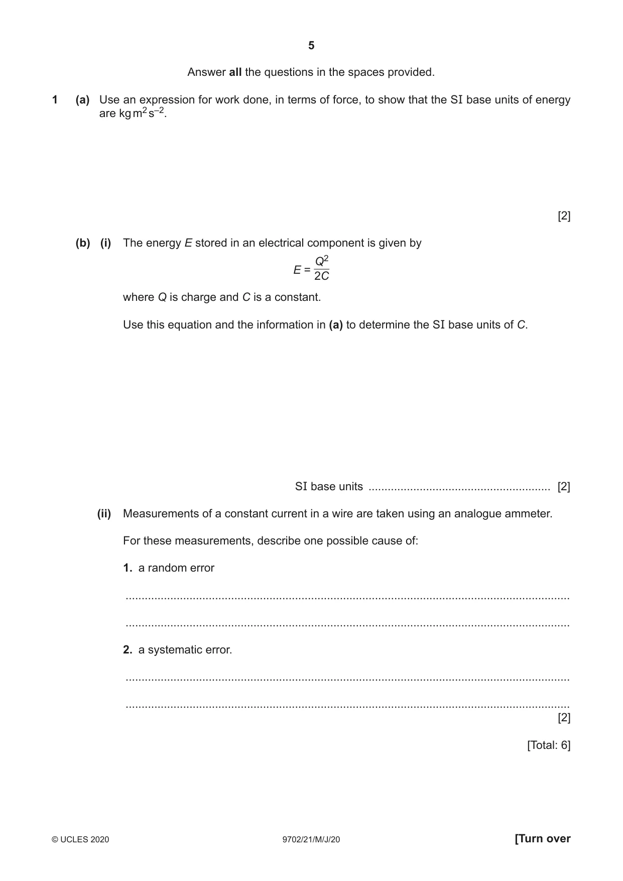 Cambridge A Level Physics 9702 2020 May/June Paper 2 · Variant 1 question paper, page 5 of 16