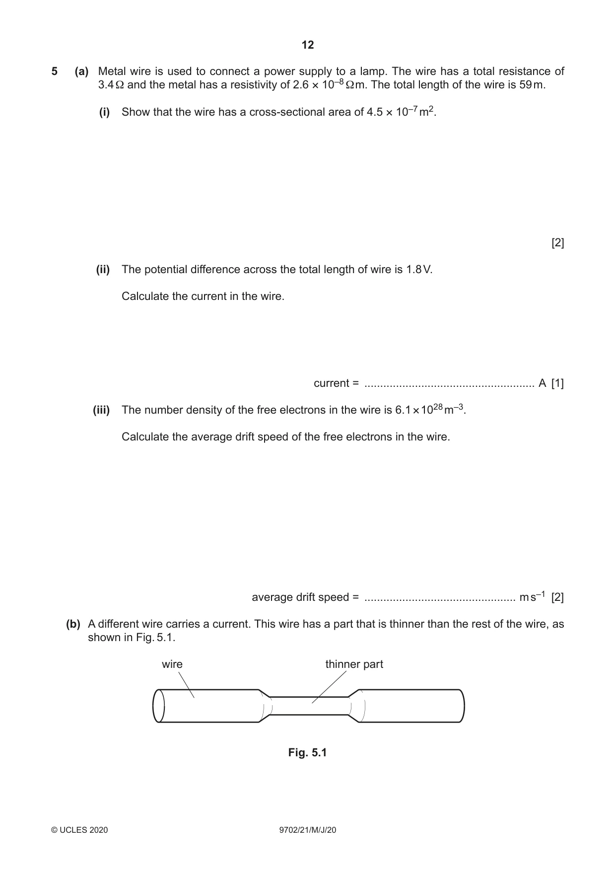 Cambridge A Level Physics 9702 2020 May/June Paper 2 · Variant 1 question paper, page 12 of 16