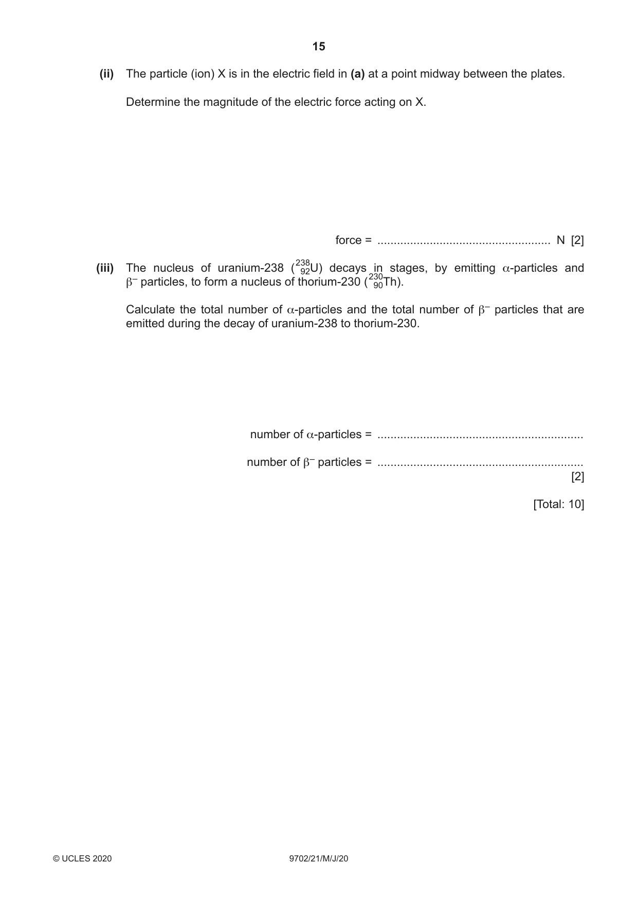 Cambridge A Level Physics 9702 2020 May/June Paper 2 · Variant 1 question paper, page 15 of 16