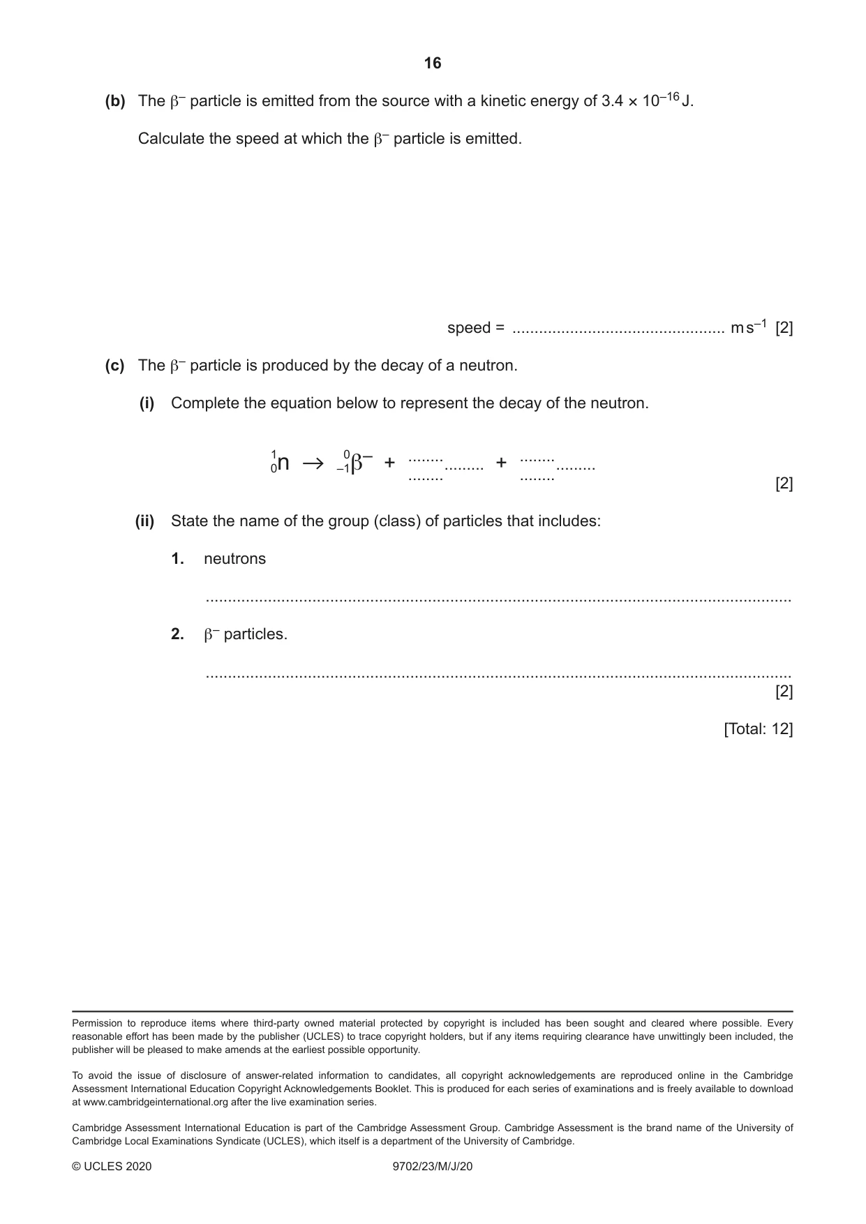 Cambridge A Level Physics 9702 2020 May/June Paper 2 · Variant 3 question paper, page 16 of 16