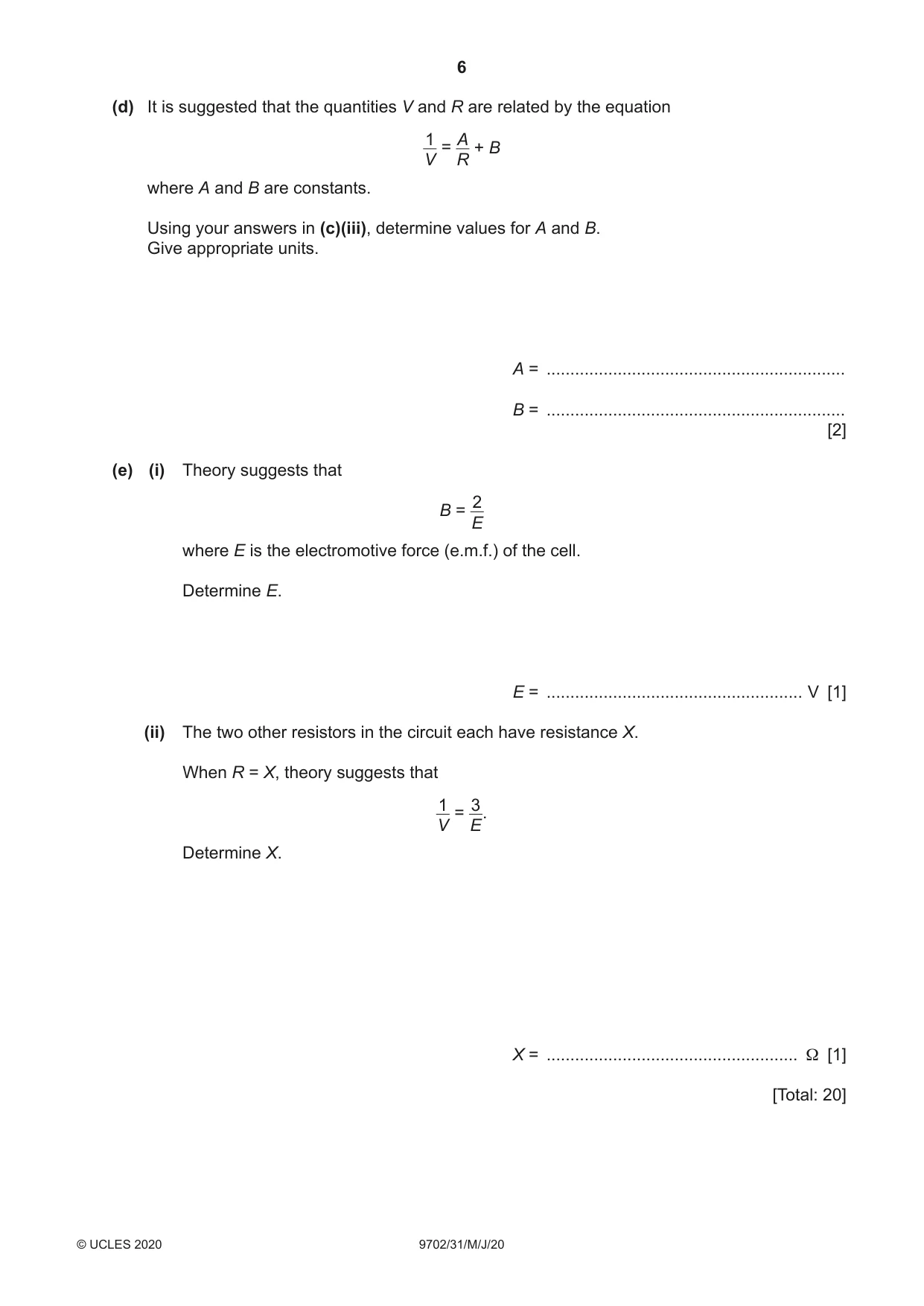 Cambridge A Level Physics 9702 2020 May/June Paper 3 · Variant 1 question paper, page 6 of 12