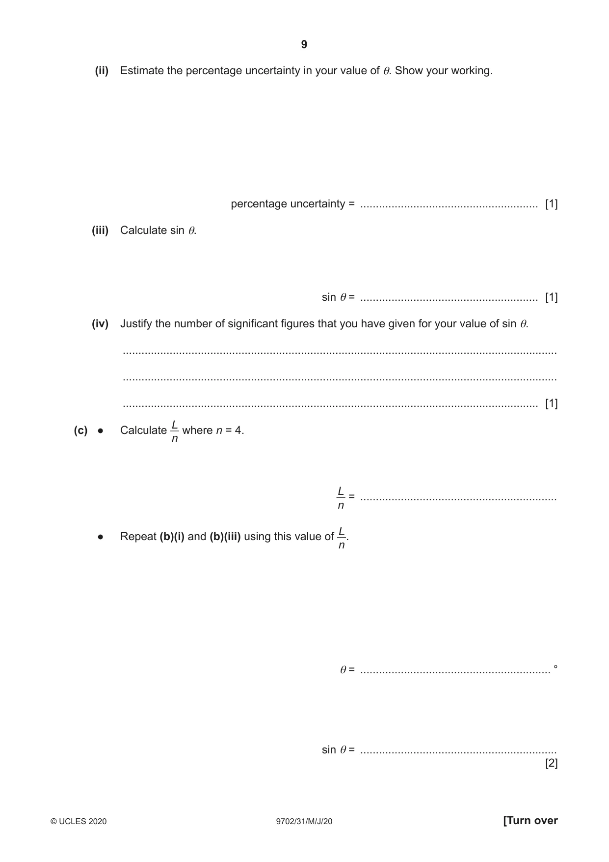 Cambridge A Level Physics 9702 2020 May/June Paper 3 · Variant 1 question paper, page 9 of 12