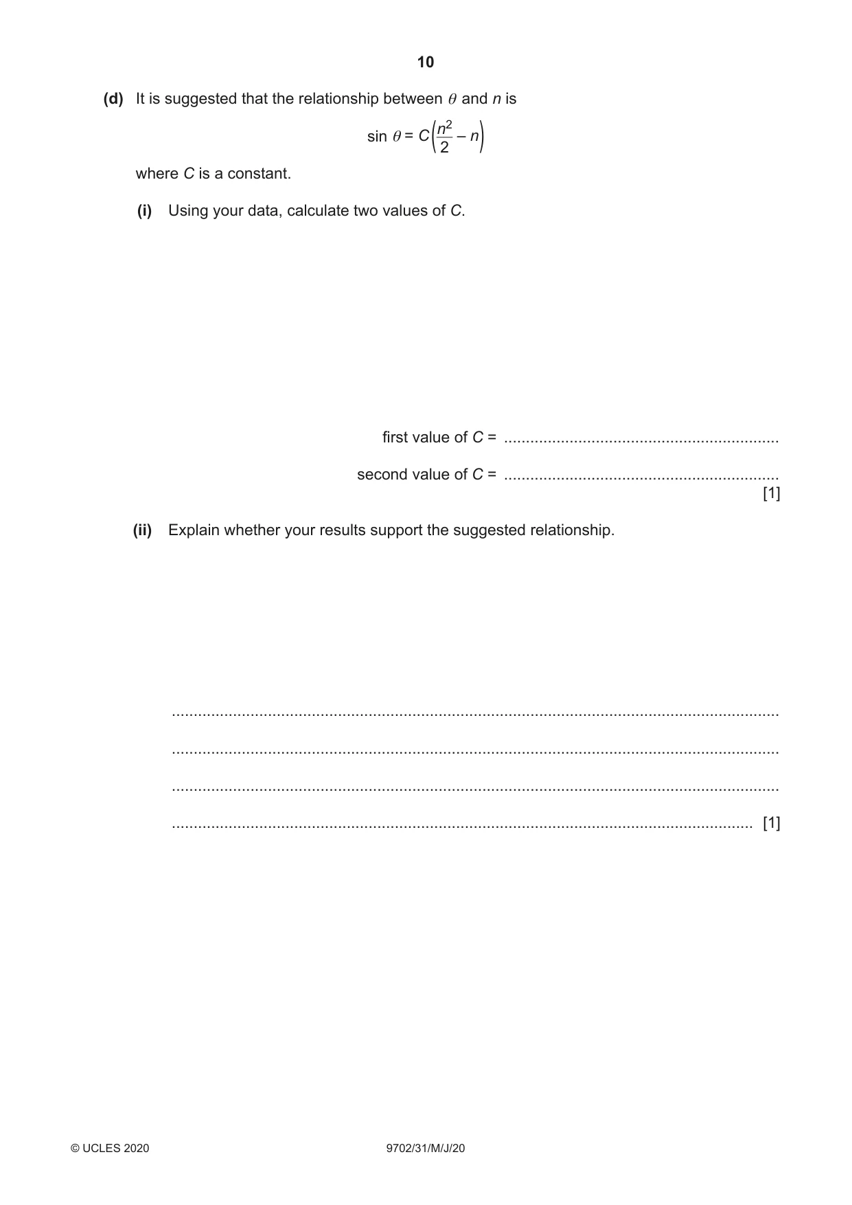 Cambridge A Level Physics 9702 2020 May/June Paper 3 · Variant 1 question paper, page 10 of 12