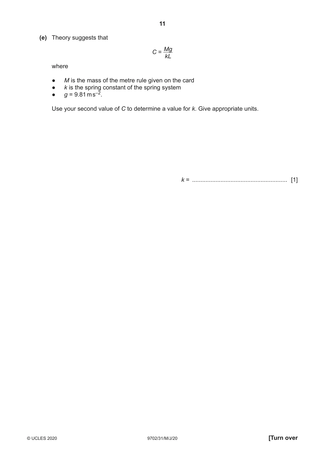 Cambridge A Level Physics 9702 2020 May/June Paper 3 · Variant 1 question paper, page 11 of 12