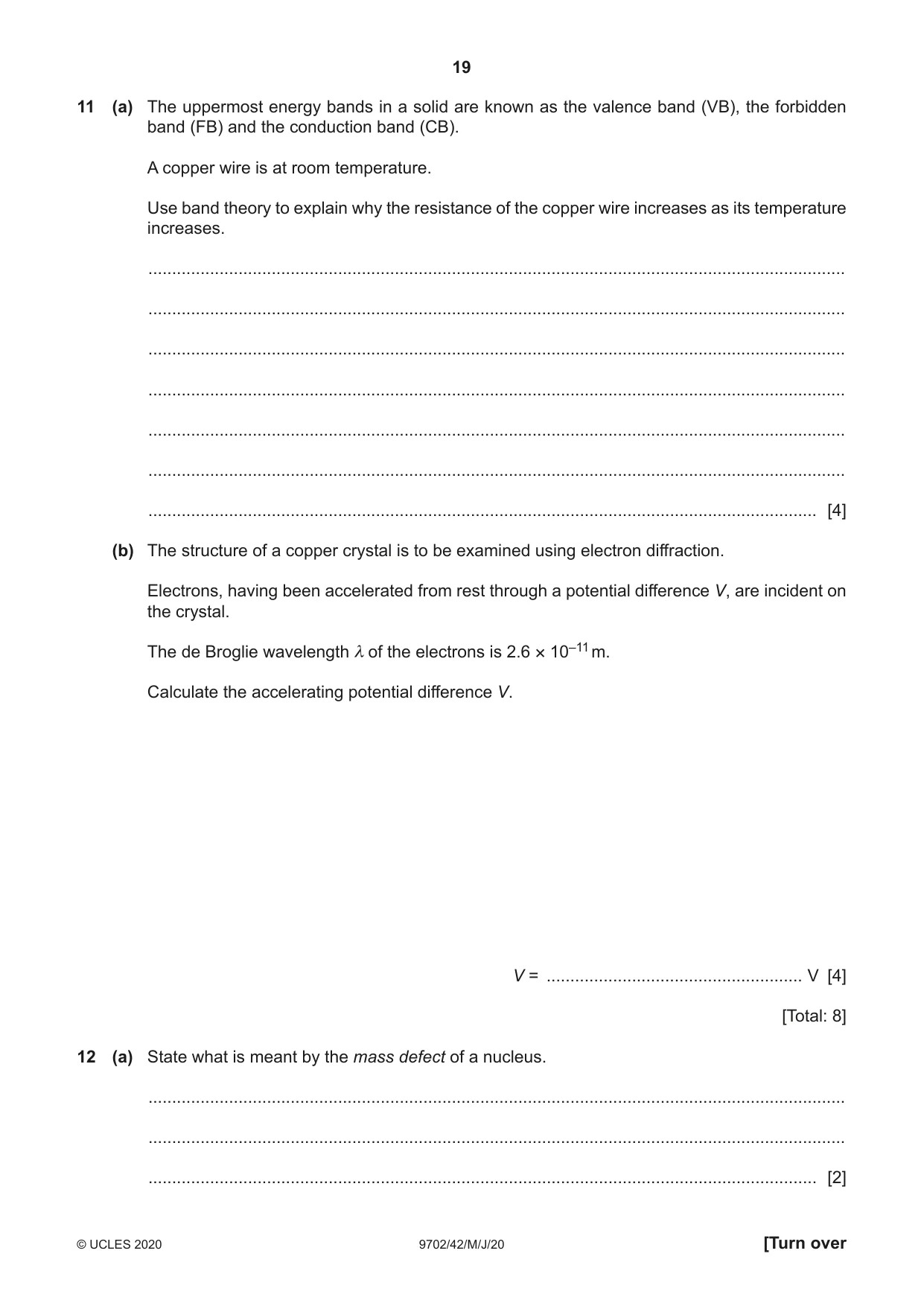 Cambridge A Level Physics 9702 2020 May/June Paper 4 · Variant 2 question paper, page 19 of 20