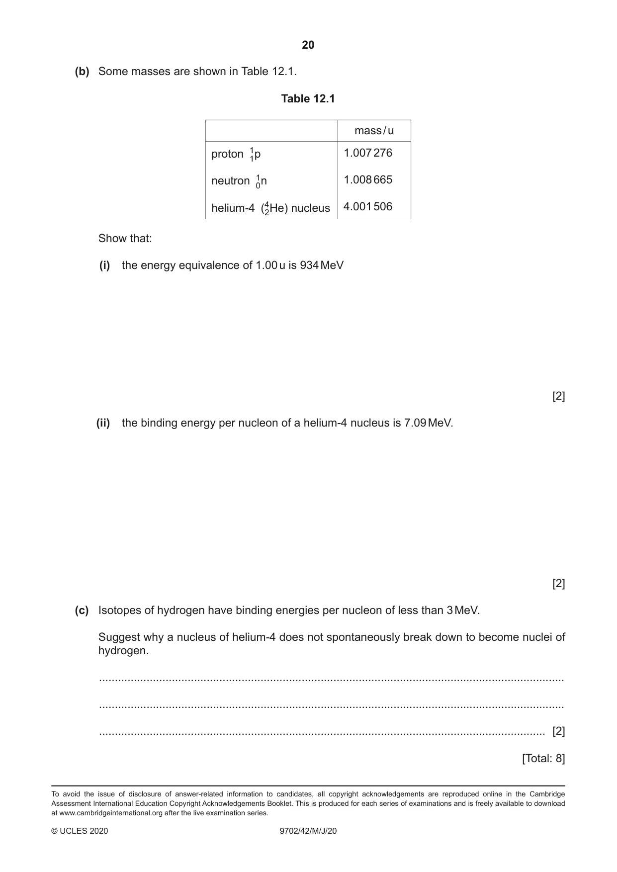 Cambridge A Level Physics 9702 2020 May/June Paper 4 · Variant 2 question paper, page 20 of 20