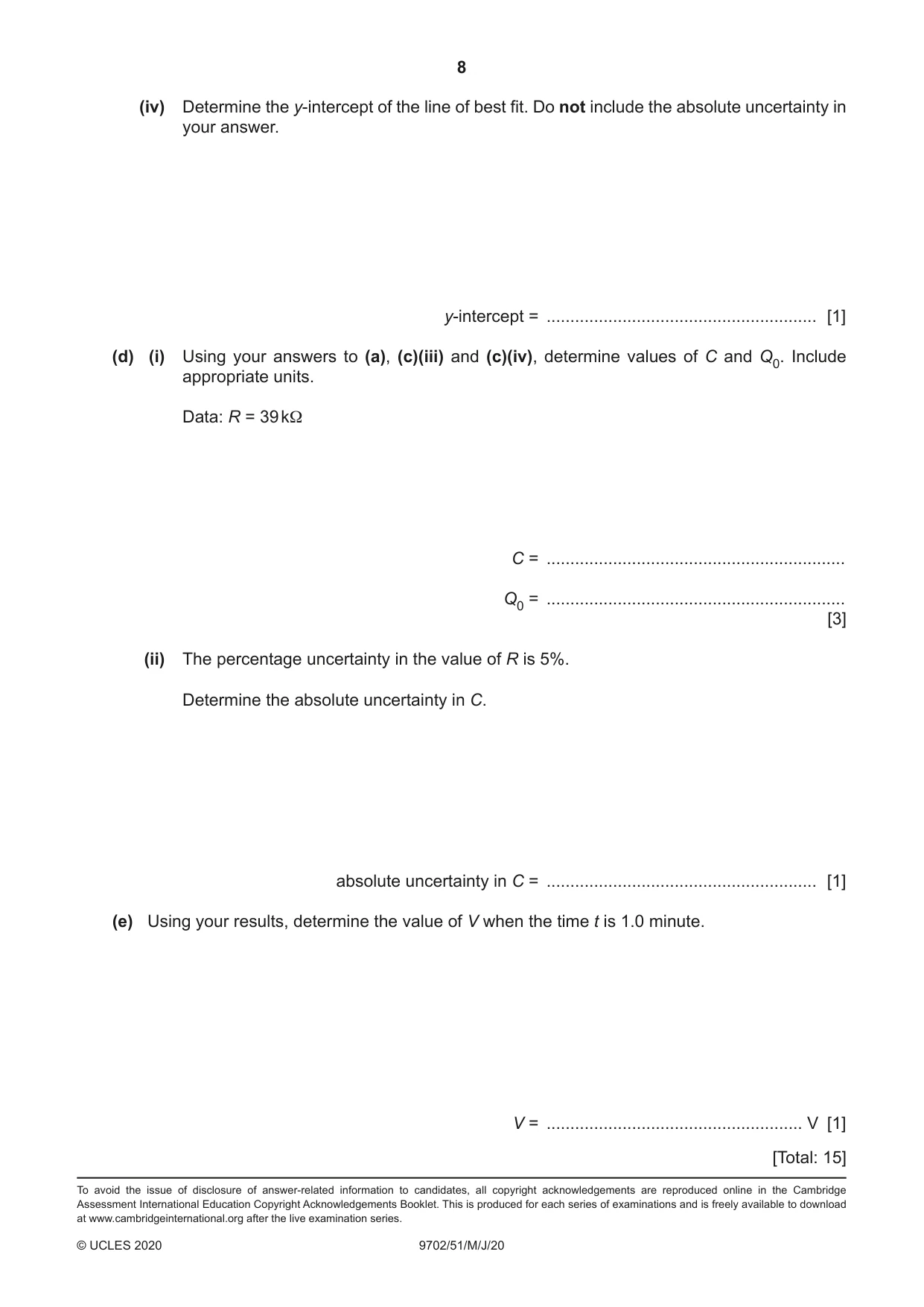 Cambridge A Level Physics 9702 2020 May/June Paper 5 · Variant 1 question paper, page 8 of 8