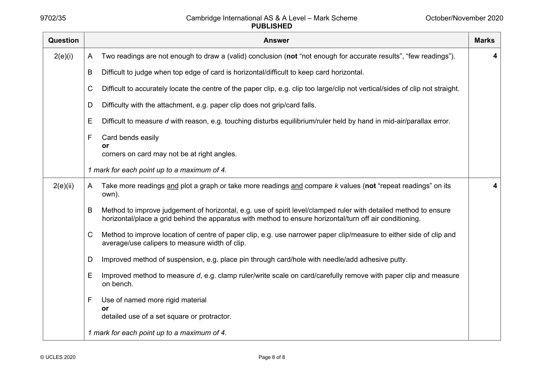 Mark scheme, page 8 of 8