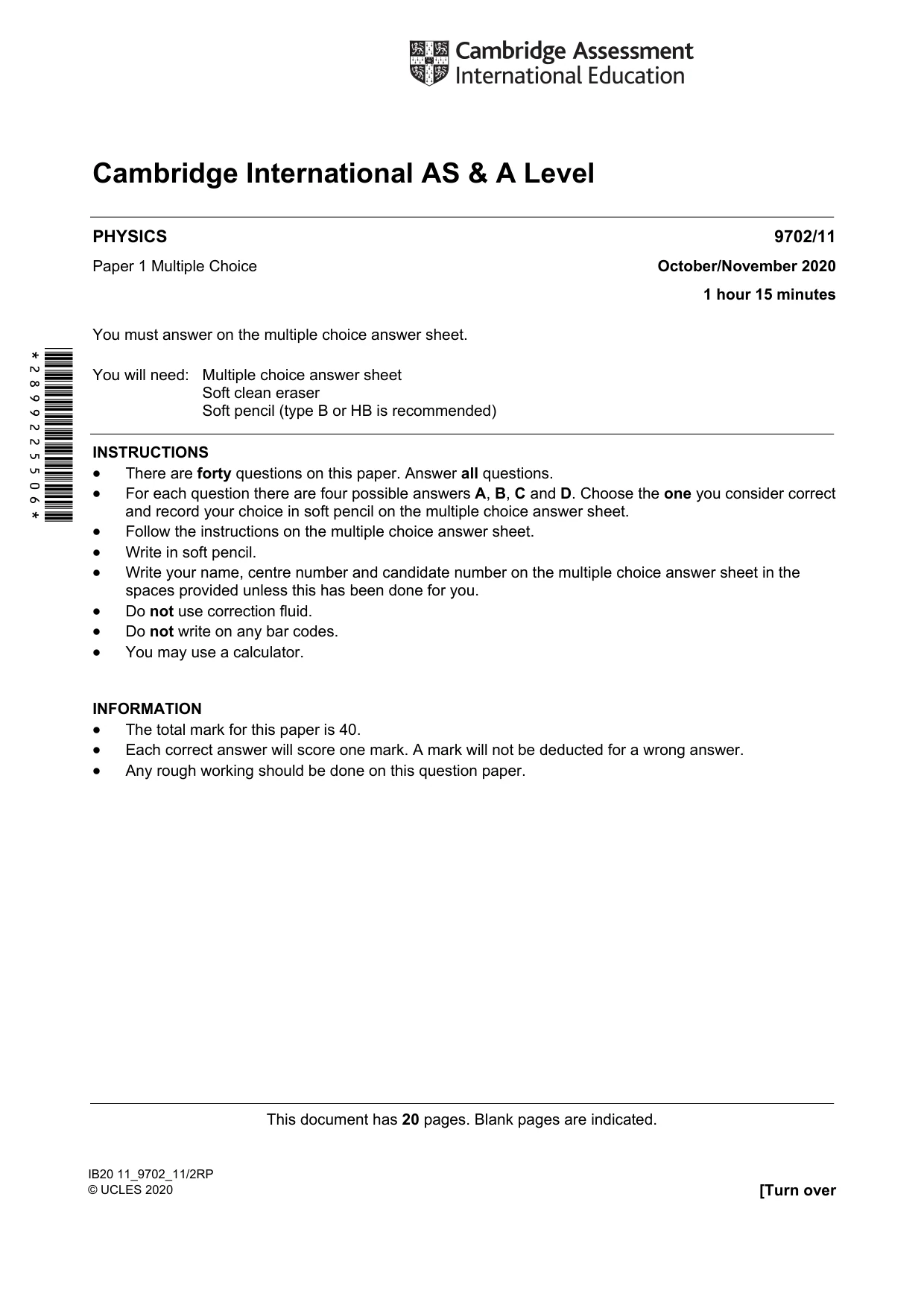 Cambridge A Level Physics 9702 2020 Oct/Nov Paper 1 · Variant 1 question paper, page 1 of 20