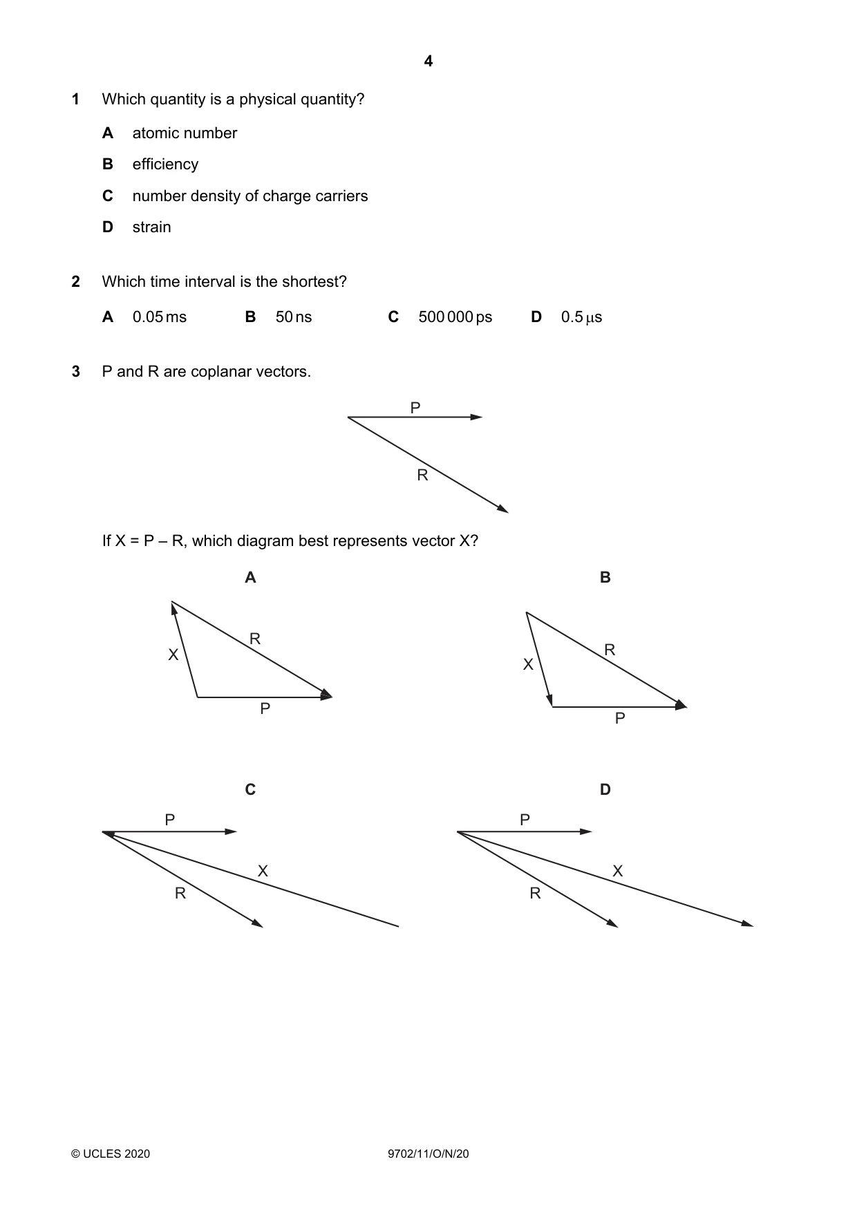 Cambridge A Level Physics 9702 2020 Oct/Nov Paper 1 · Variant 1 question paper, page 4 of 20