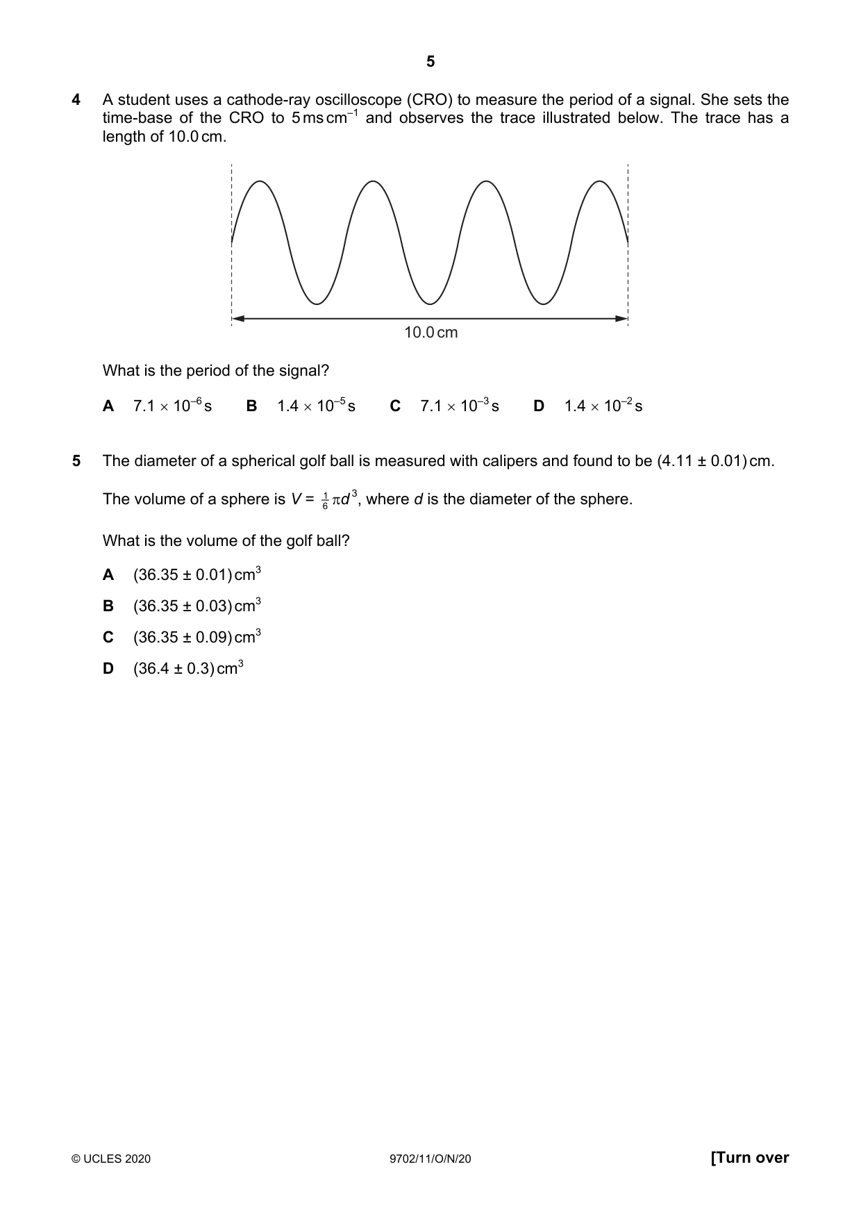 Cambridge A Level Physics 9702 2020 Oct/Nov Paper 1 · Variant 1 question paper, page 5 of 20