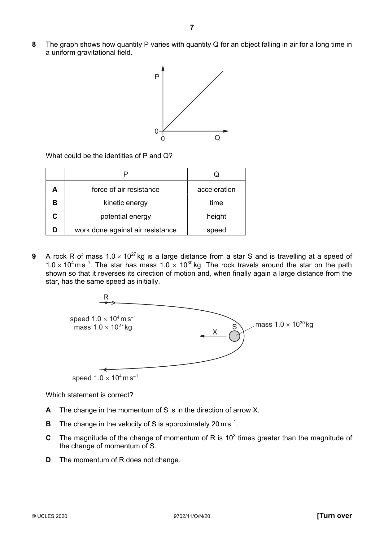 Cambridge A Level Physics 9702 2020 Oct/Nov Paper 1 · Variant 1 question paper, page 7 of 20